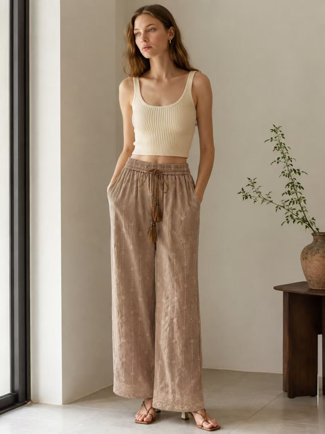 Bohemian Embroidered Pants – Elastic Waist Tassel Resort Bottoms D-41240