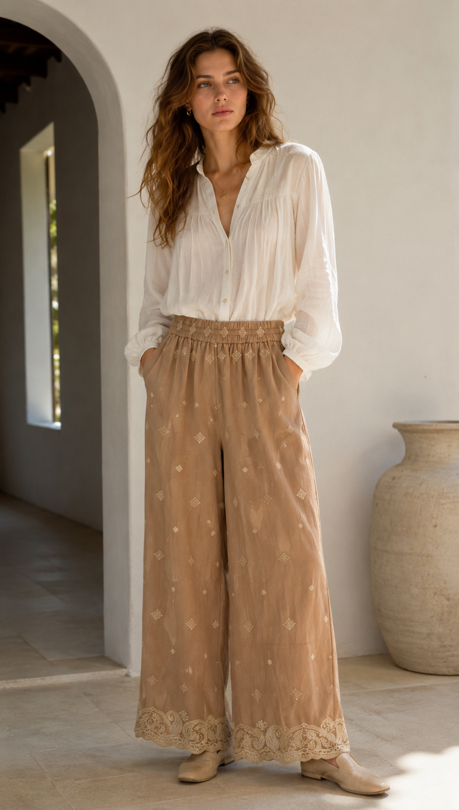 Minimalist High-Waisted Embroidered Wide-Leg Trousers AN-710002