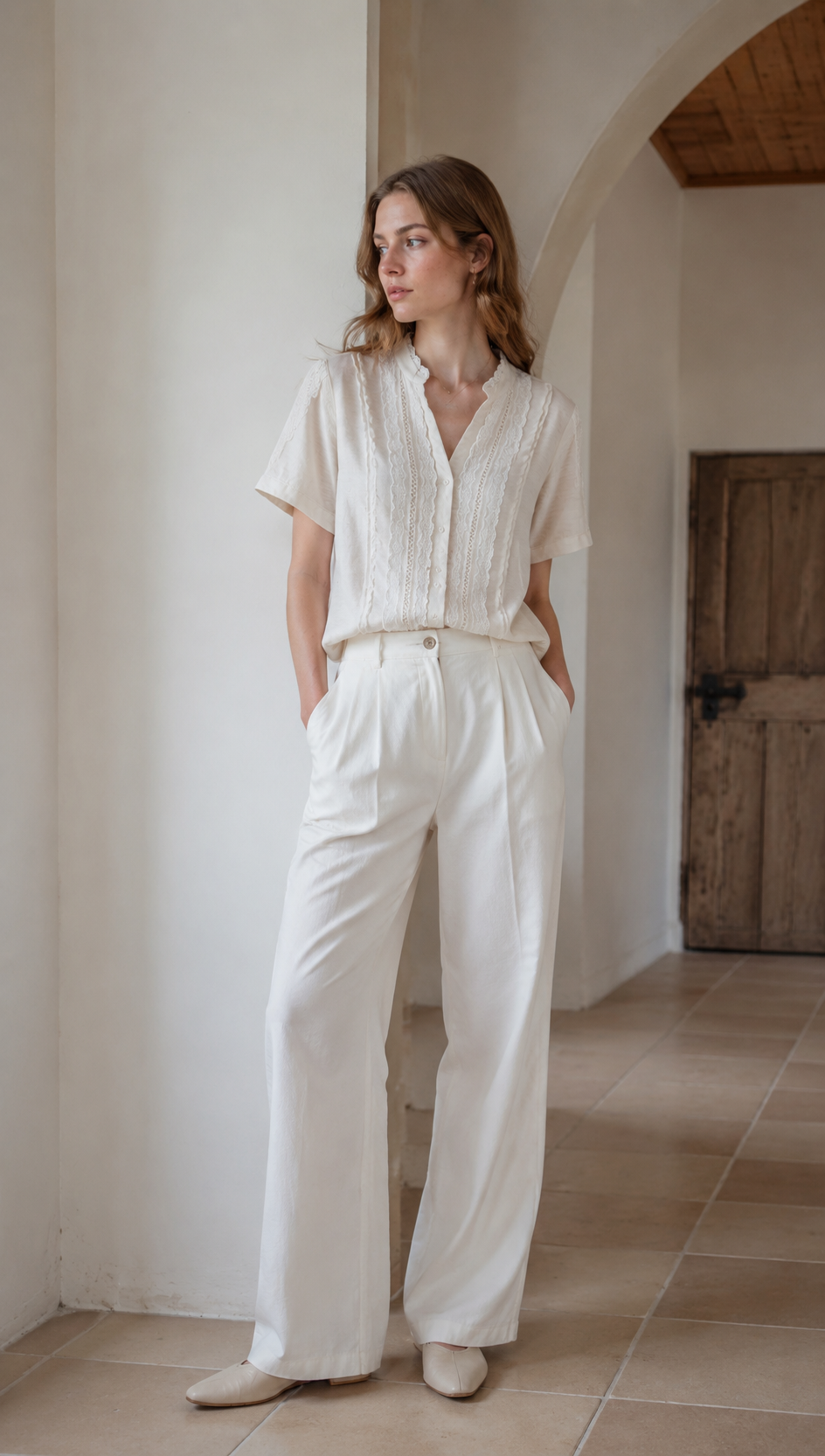 Linen-Blend Lace Trim Short-Sleeve Blouse LA-780002