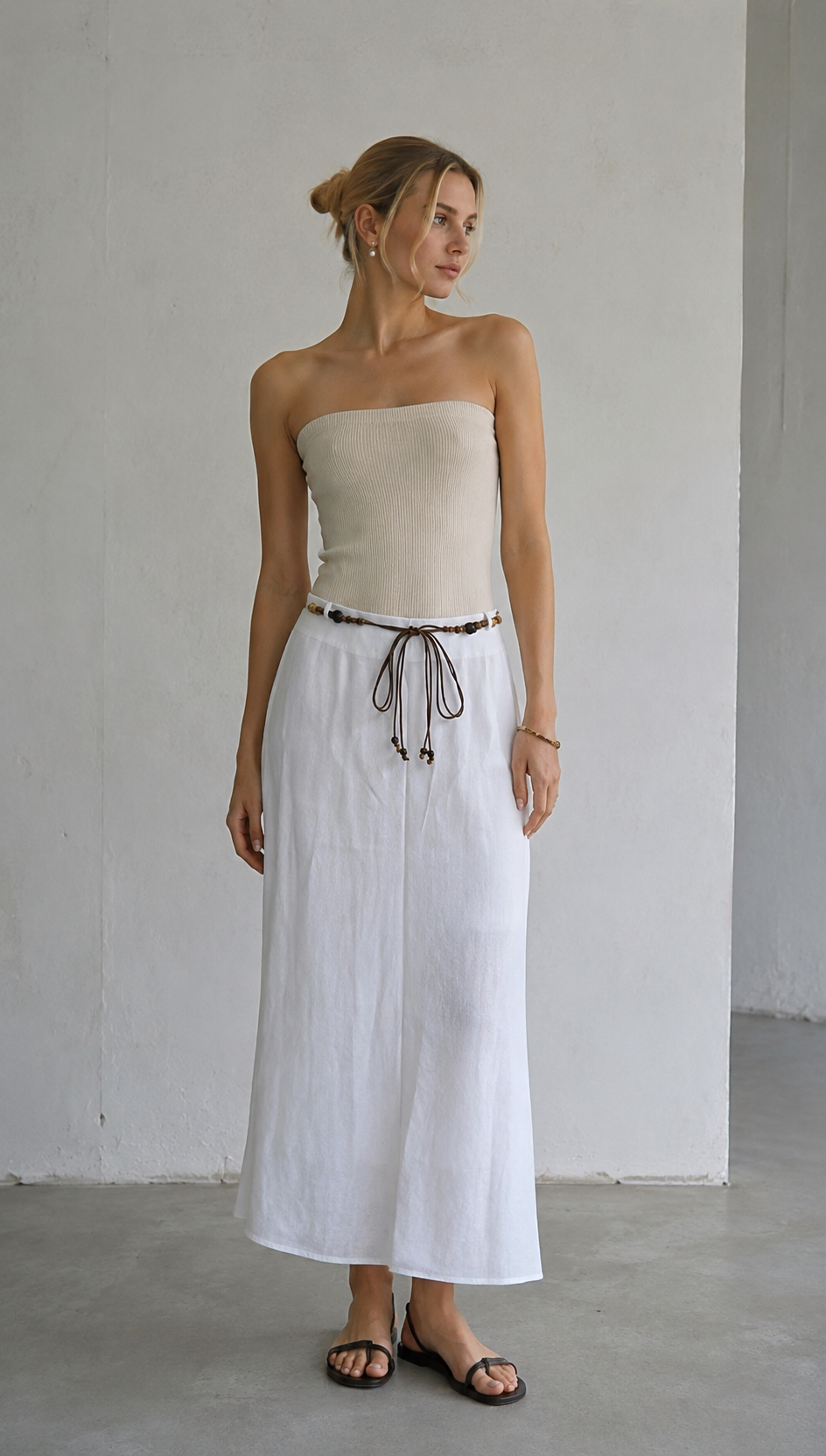 Linen-Blend A-Line Skirt with Beaded Belt AN-620050