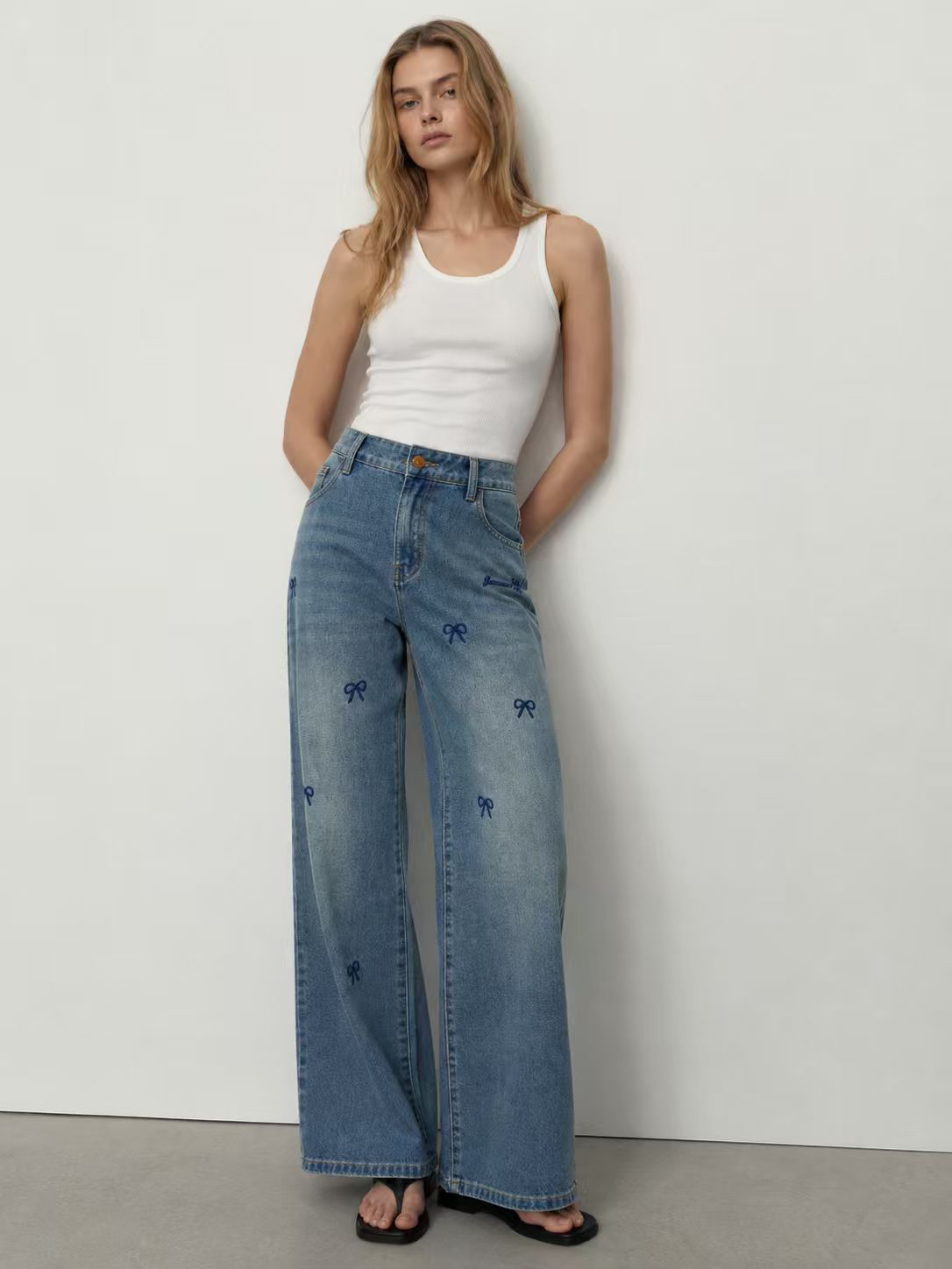 Women's High Waist Bow Detail Wide Leg Denim Pants ZY6037