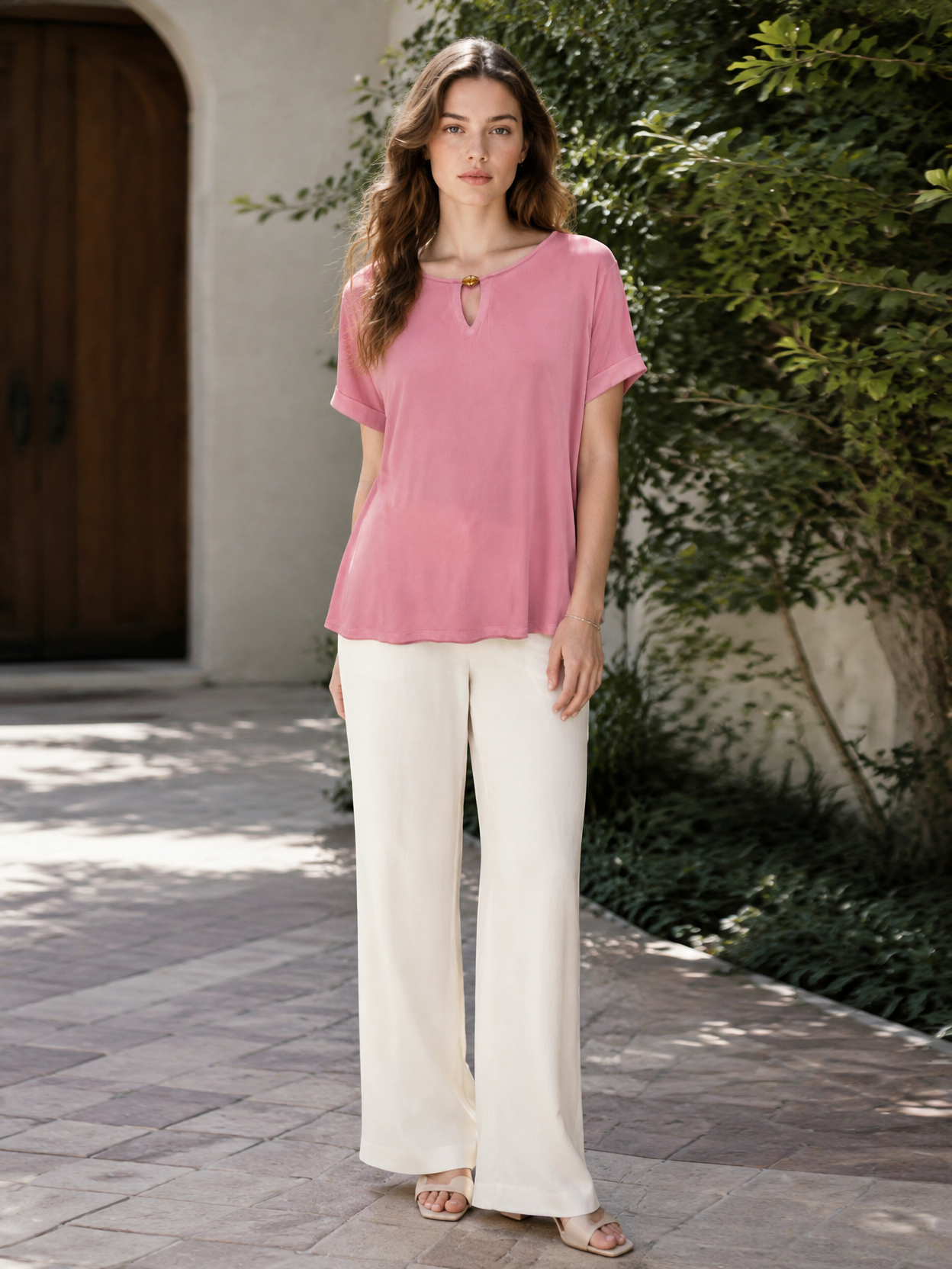 Minimalist V-Neck Keyhole Blouse Metal Ring Detail Relaxed White Top AN-121015