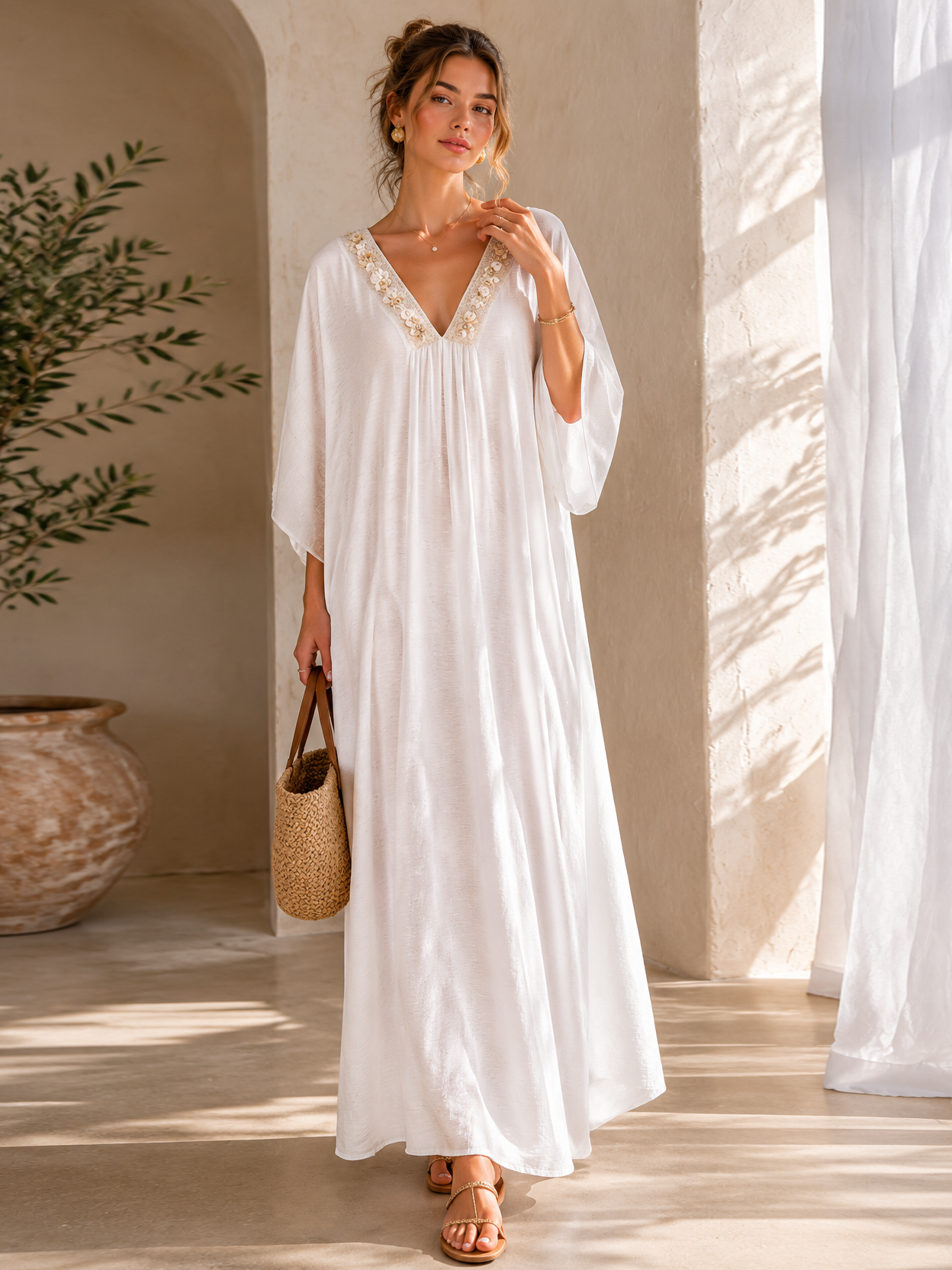 Linen-Blend Kaftan Dress with Shell & Lace Neckline LA-810005