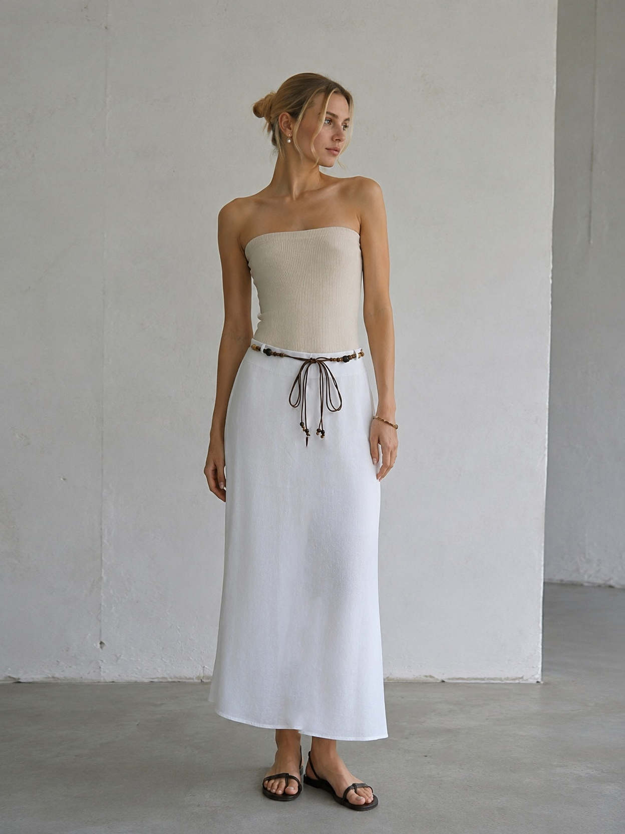 Linen-Blend A-Line Skirt with Beaded Belt AN-620050