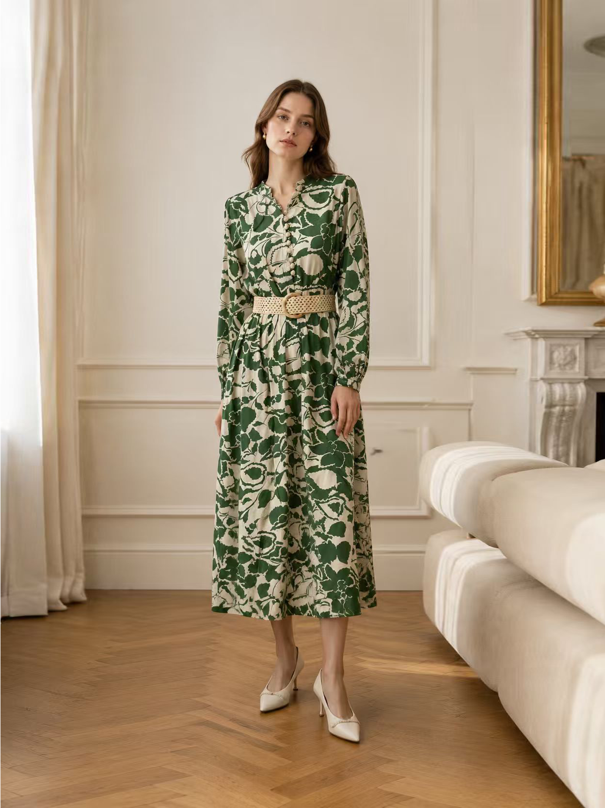 Elegant  Floral Print Midi Dress - Puff Sleeve Belted Dress AN-710026