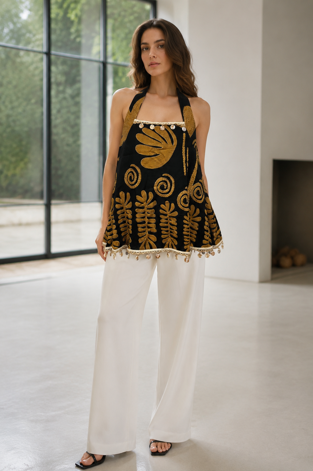 Women’s Boho Embroidered Halter Cami Top with Pom Pom Trim 28023-1