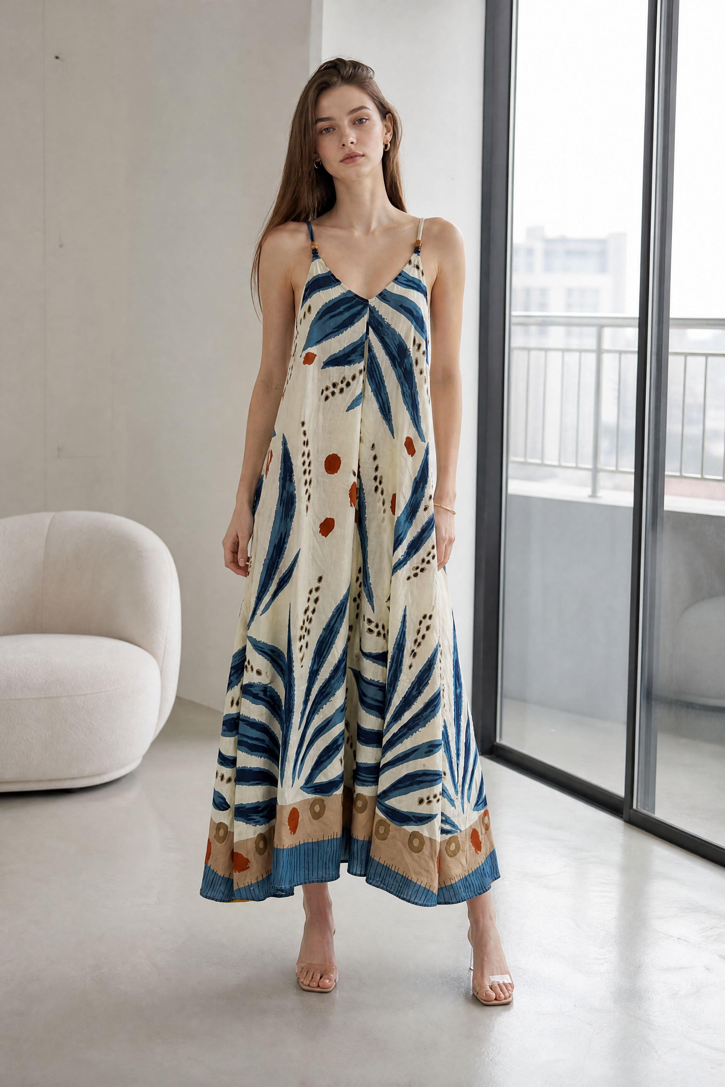 Women’s Tropical Leaf Print Halter Maxi Dress with Pom Pom Trim 2882-2