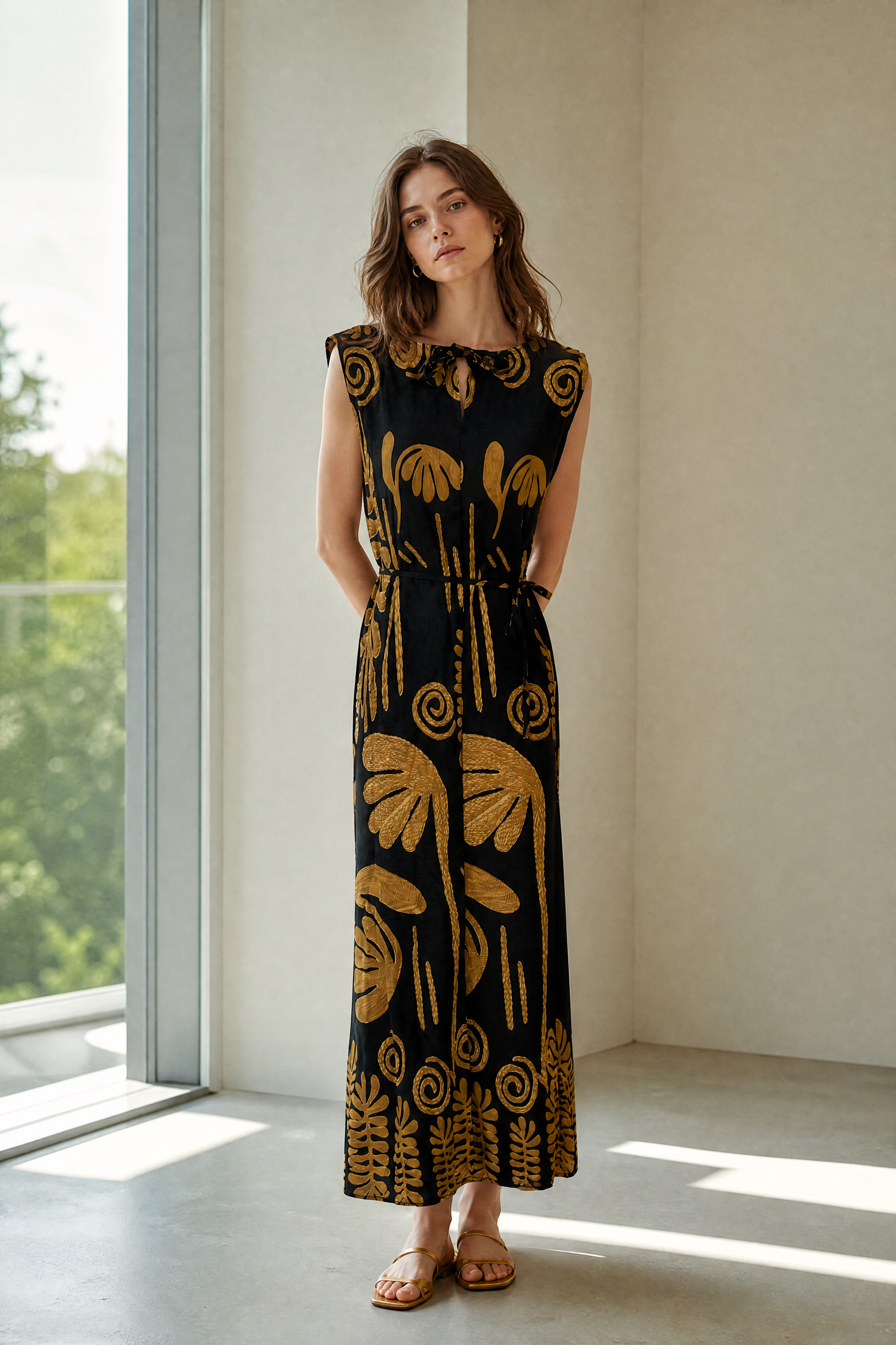 Women’s Black Floral Print Sleeveless Maxi Dress with Belted Waist
