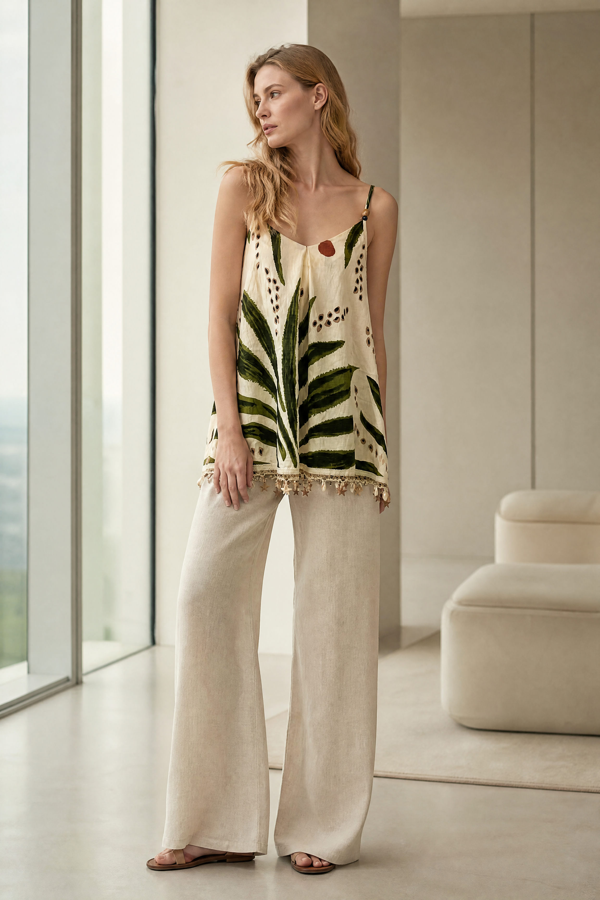 Women’s Tropical Leaf Print Spaghetti Strap Cami Top with Pom Pom Trim 2882-3