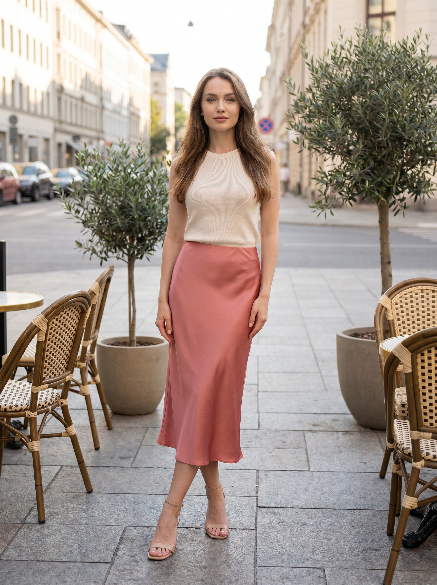 Elegant  Satin Office Skirt - Side Slit Tailored Midi Skirt  AN-710014