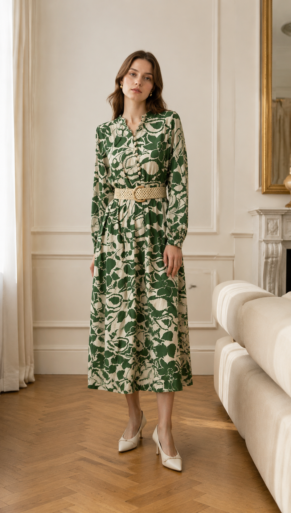 Elegant  Floral Print Midi Dress - Puff Sleeve Belted Dress AN-710026