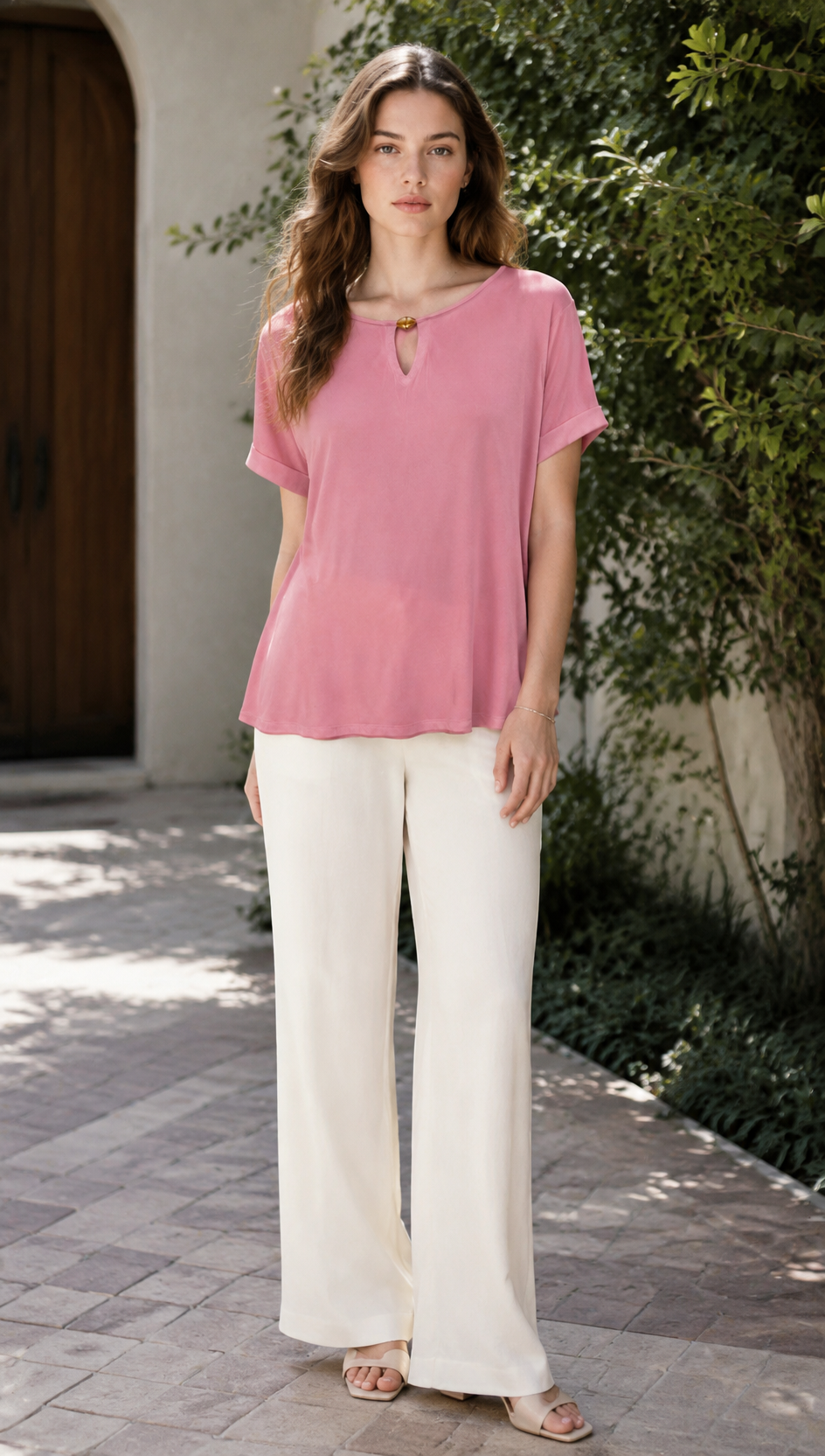 Minimalist V-Neck Keyhole Blouse Metal Ring Detail Relaxed White Top AN-121015