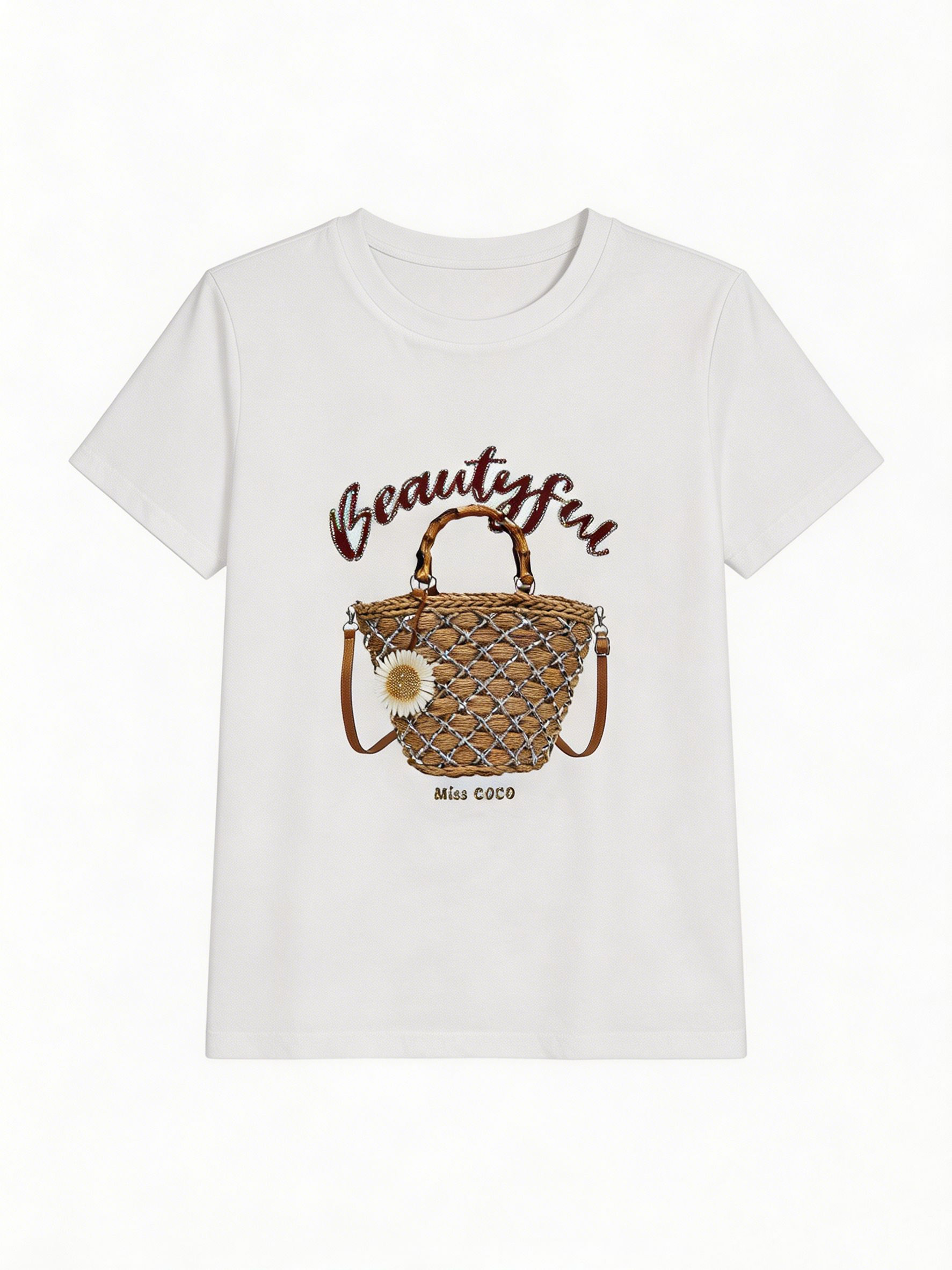 Women's Cute 3D Straw Handbag Embellished "Beautiful" Graphic Tee 