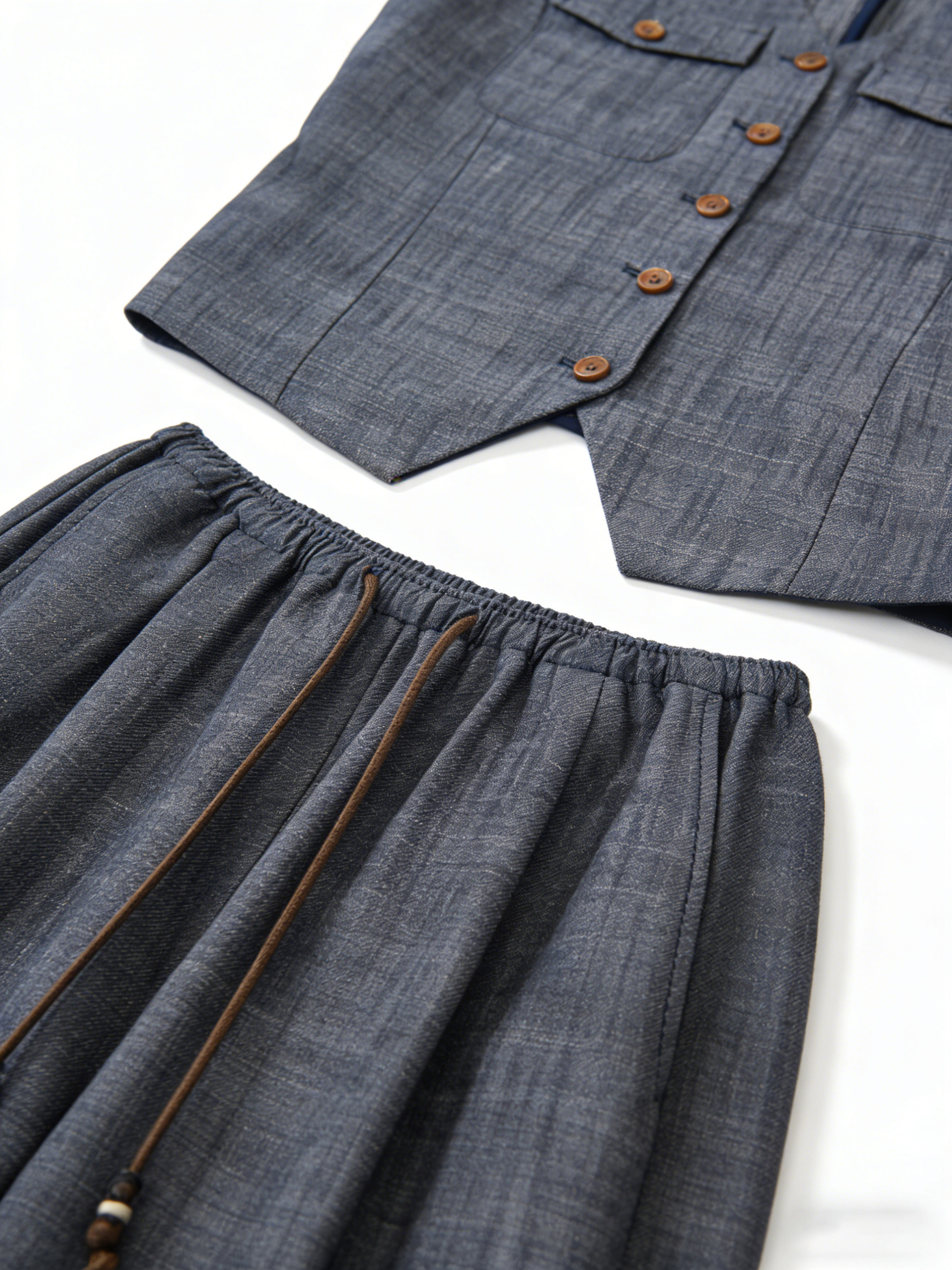 Boho Blue Grey Linen Suit - V-Neck Vest & Drawstring Wide Leg Pants  C-41743A+C-41763A