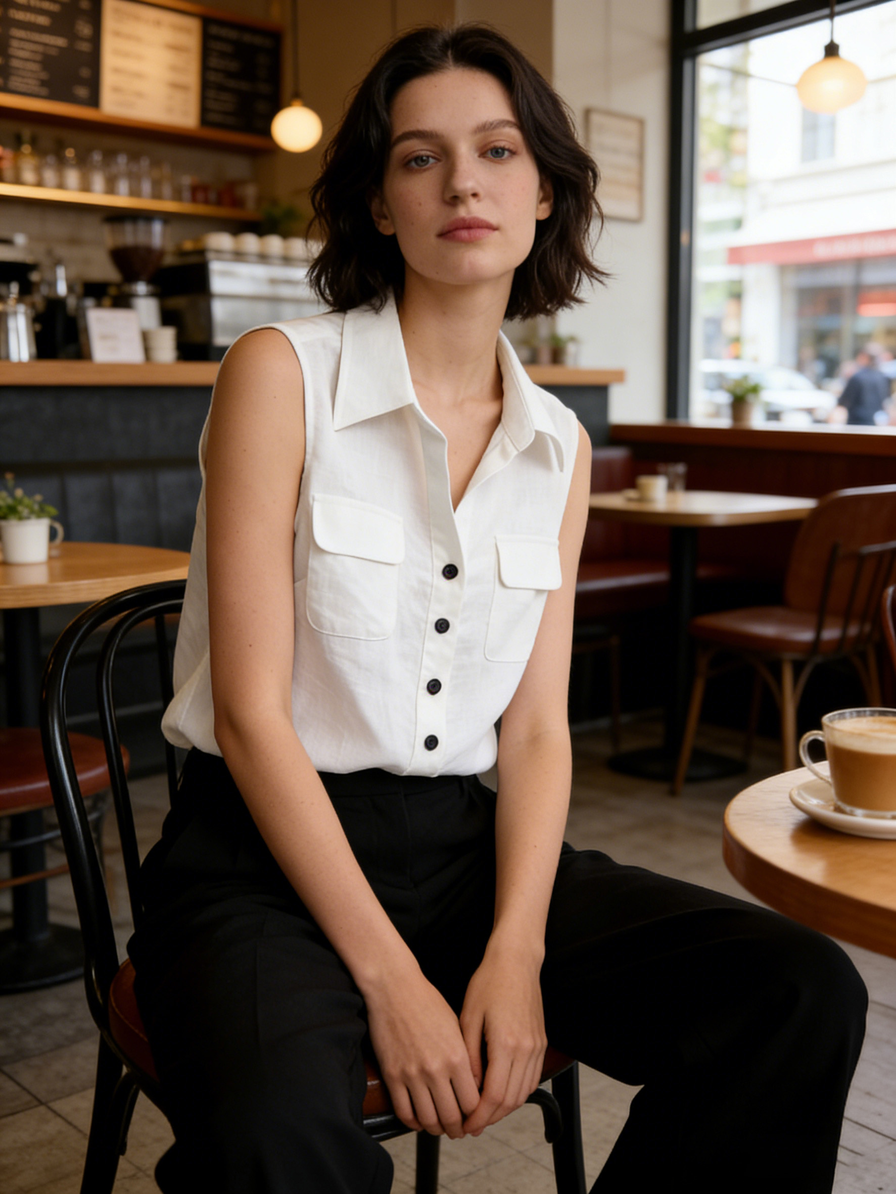 Chic White Sleeveless Shirt - Pocket Detail Layering Blouse  C-41786A