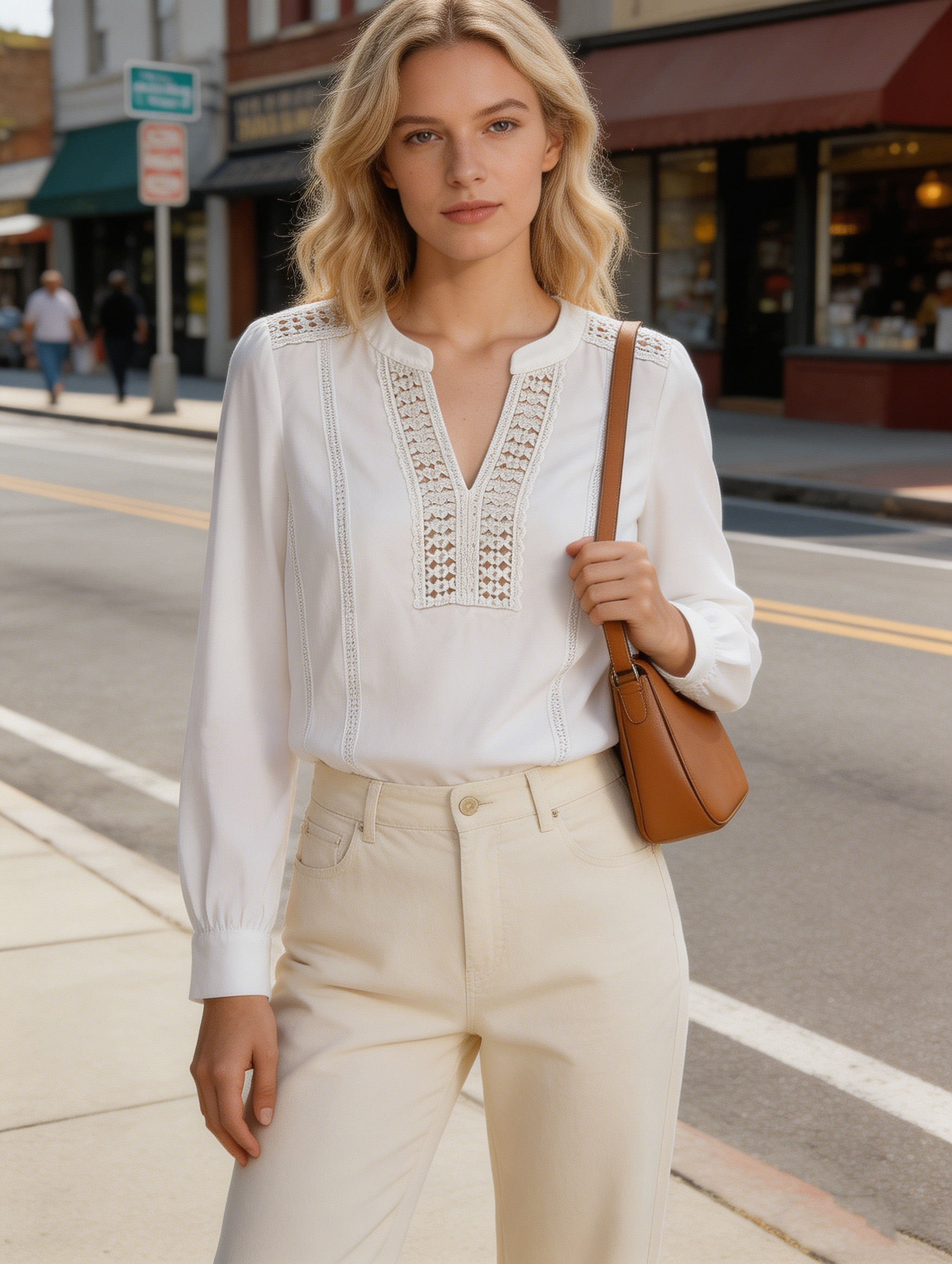 Women's White Lace Trim Stand Collar Long Sleeve Blouse - Puff Sleeve Top  C-40458
