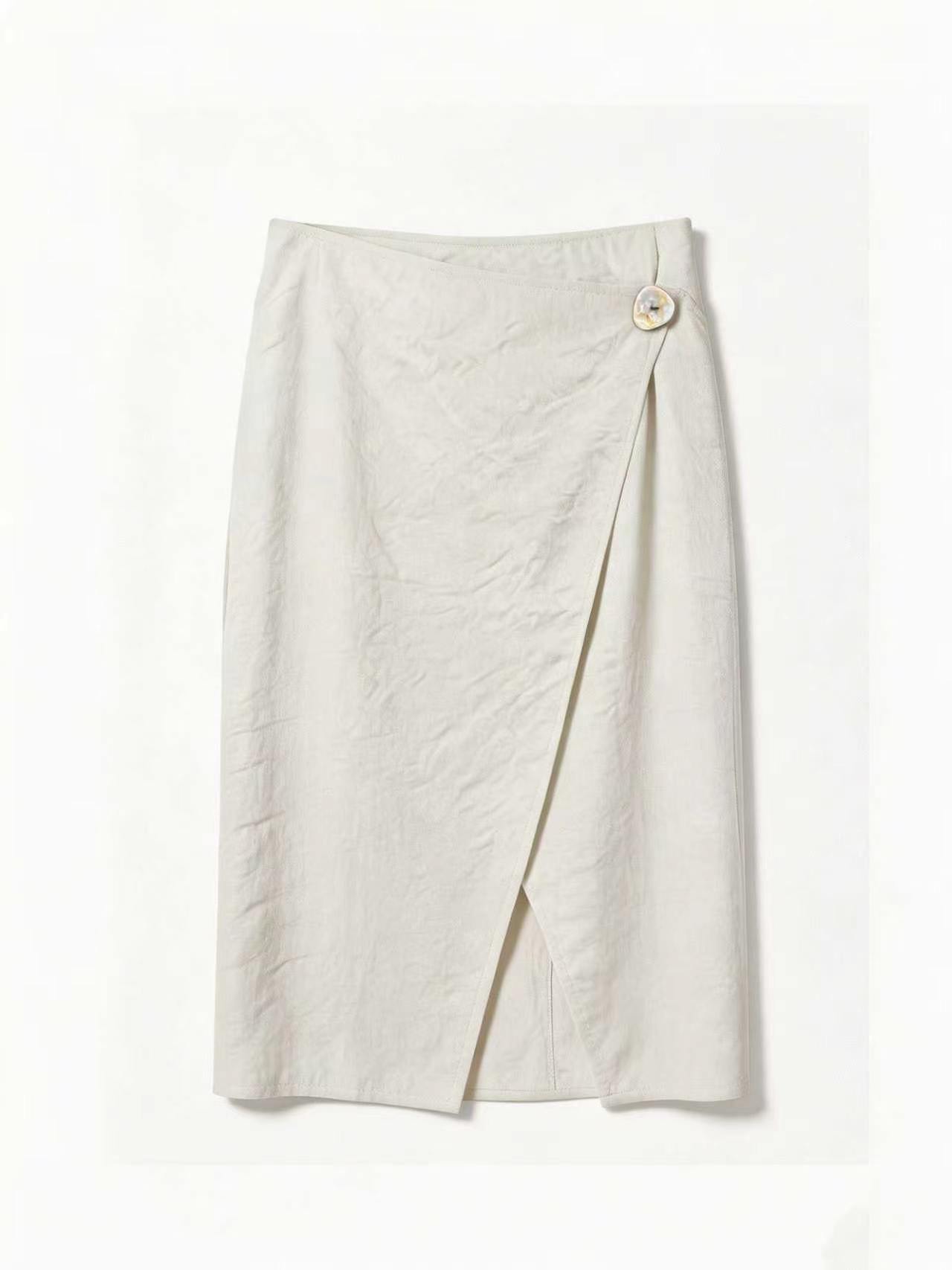 English: Minimalist Linen-Blend Wrap Midi Skirt with Asymmetrical Button AN-620037