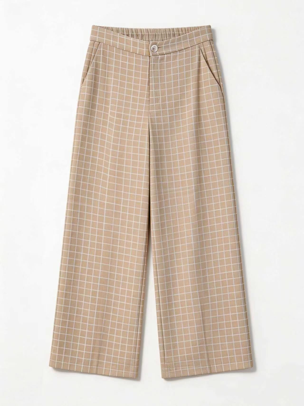 Minimalist Blue Grid Print High-Waisted Trousers AN-710016