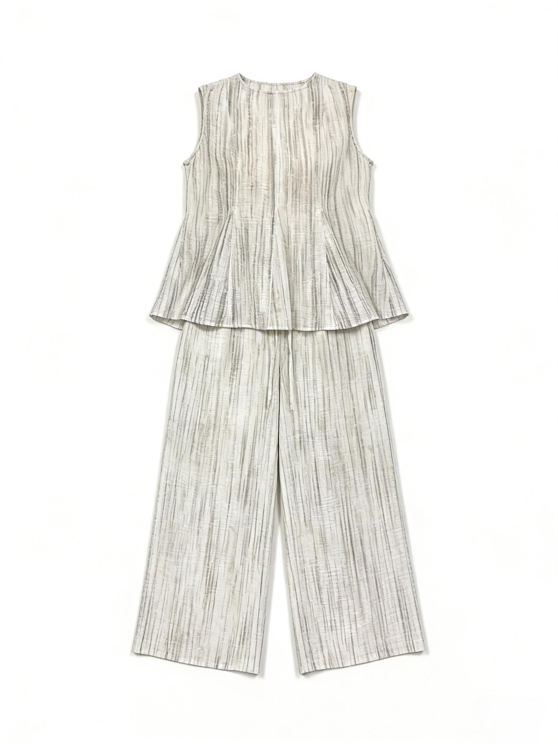 Striped Linen-Blend Sleeveless Top Wide Leg Pants Set - Casual Two Piece Outfit W-40584+W-40585