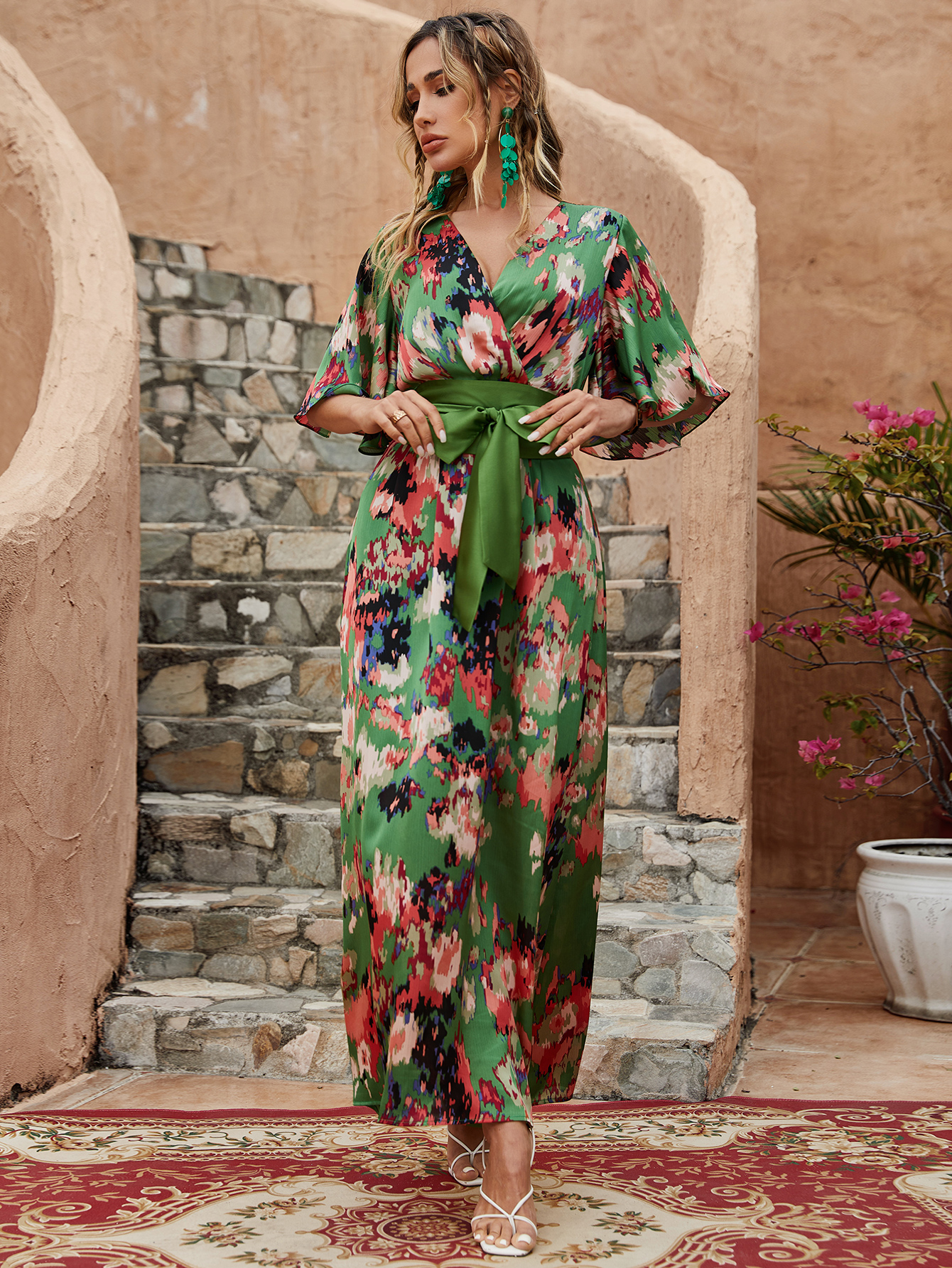 Vibrant Floral Wrap Belted Flutter Sleeve Maxi Dress W-32906