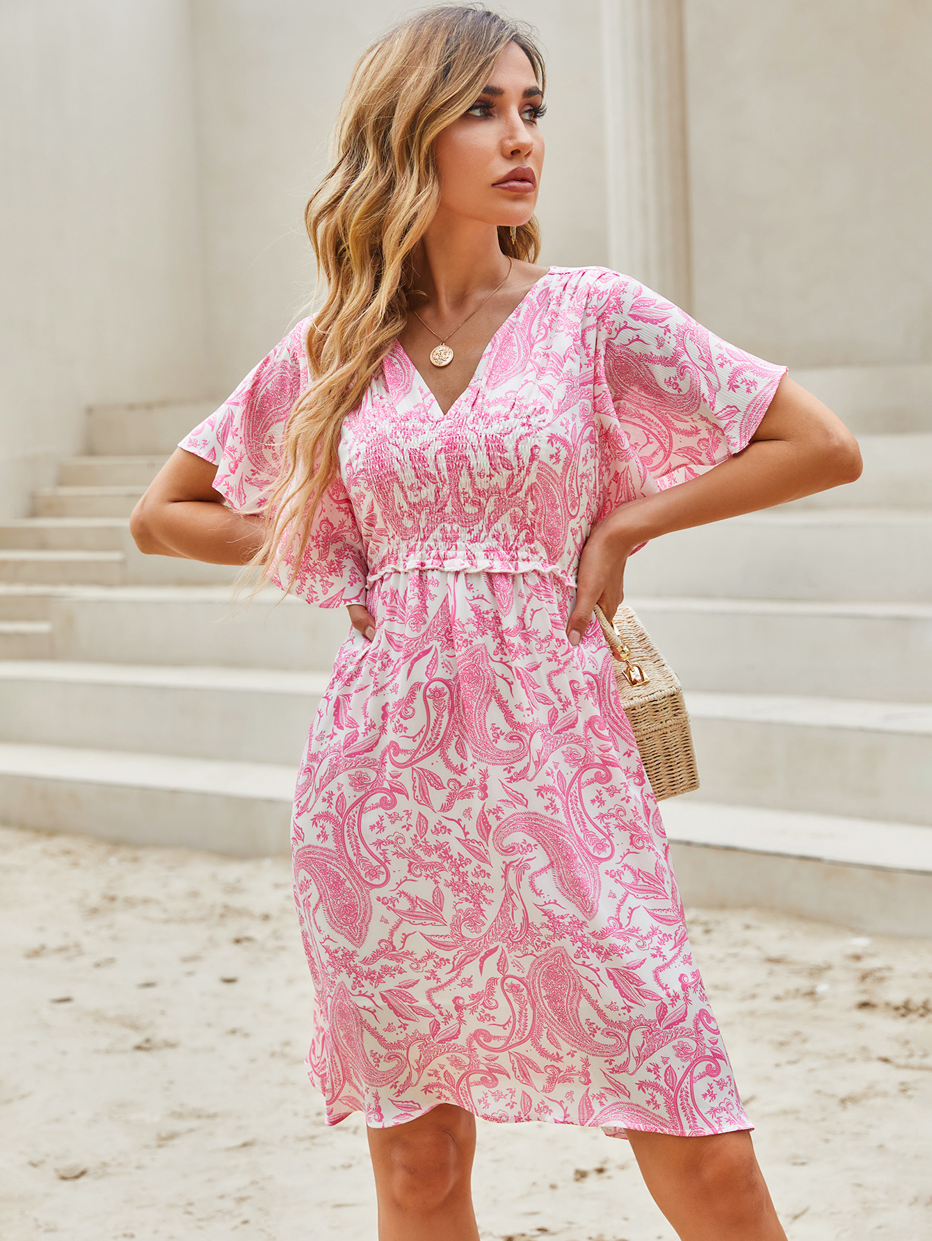 Women’s Smocked Paisley Boho Mini Dress W-32704