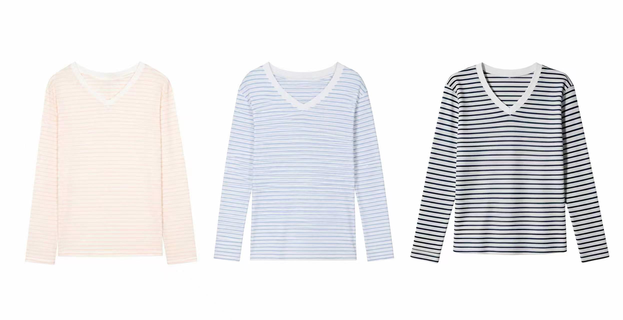 Women's Stripe V-Neck Long Sleeve T-Shirt - Soft Knit Top  AN-710004
