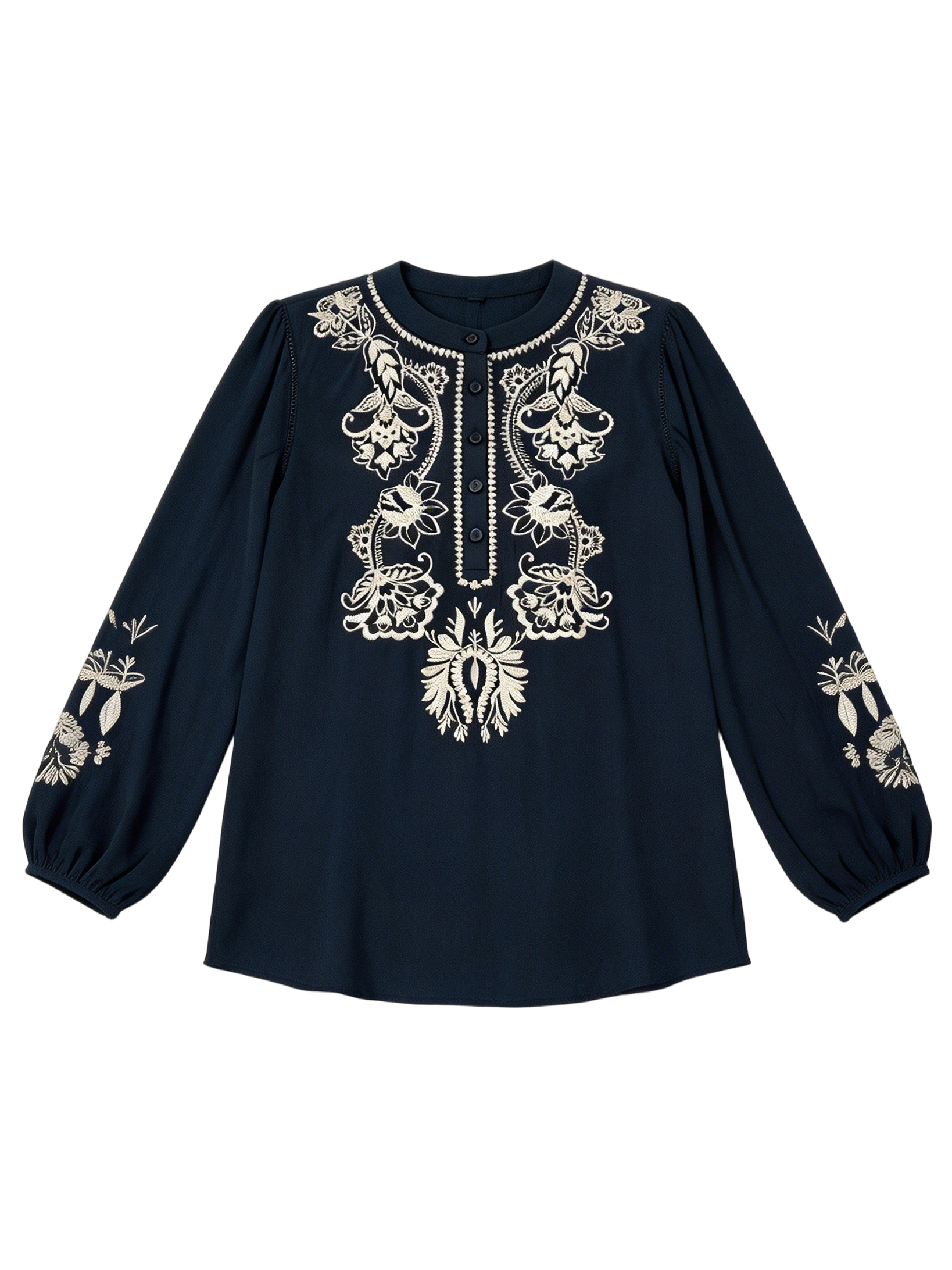 Wholesale Navy Blue Floral Embroidered Tunic Top Boho Long Sleeve Button Down Blouse AN-260413