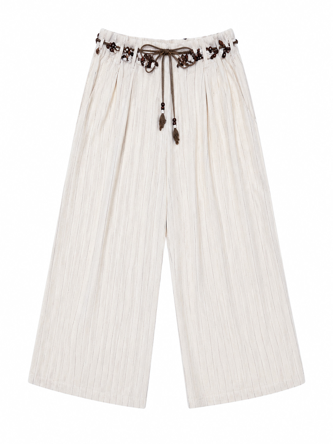 Women's White Pinstripe Wide-Leg Pants with Beaded Drawstring A-41711