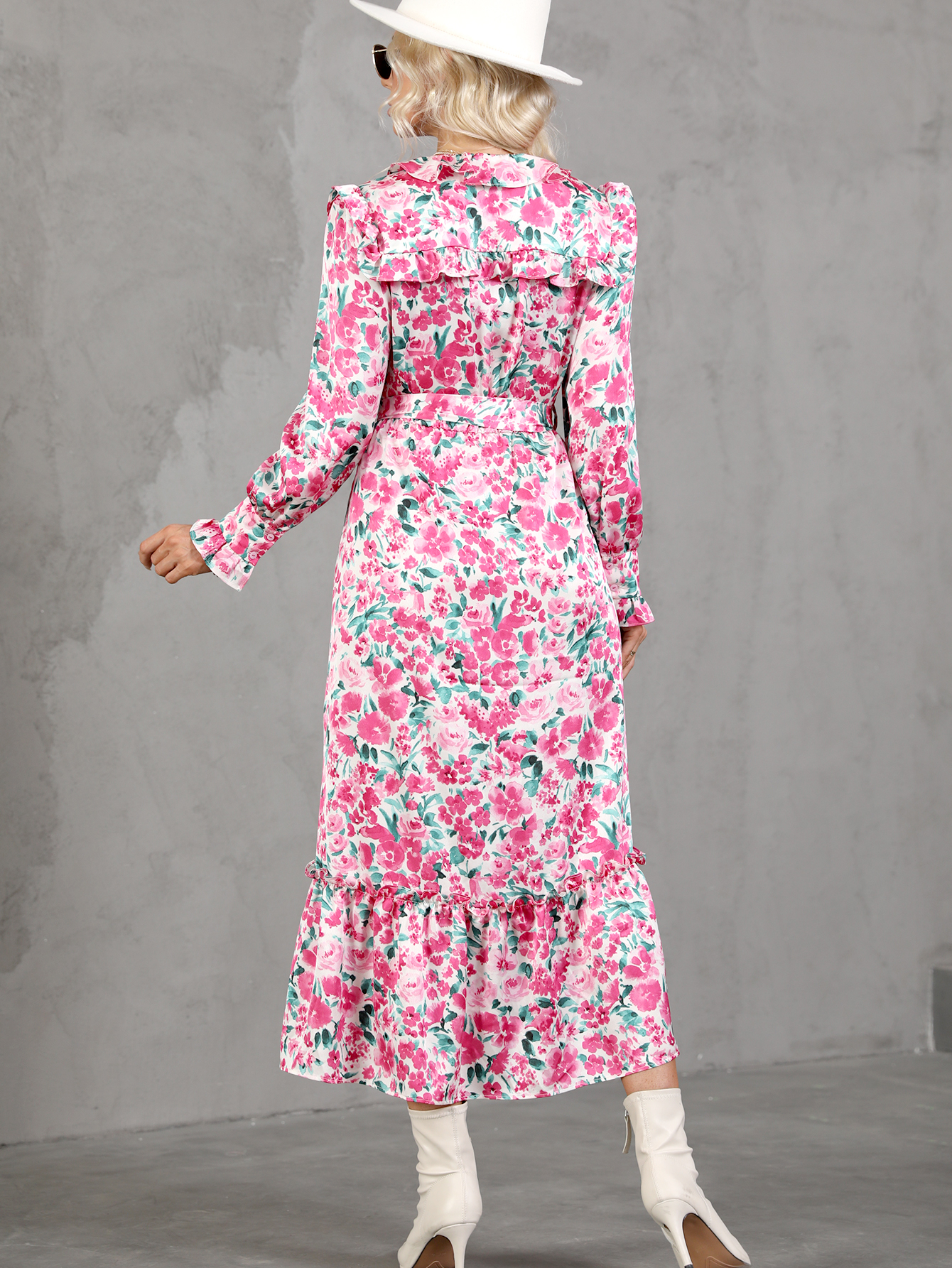 Pink Floral V-Neck Tie Waist Ruffle Hem Midi Dress W-33410