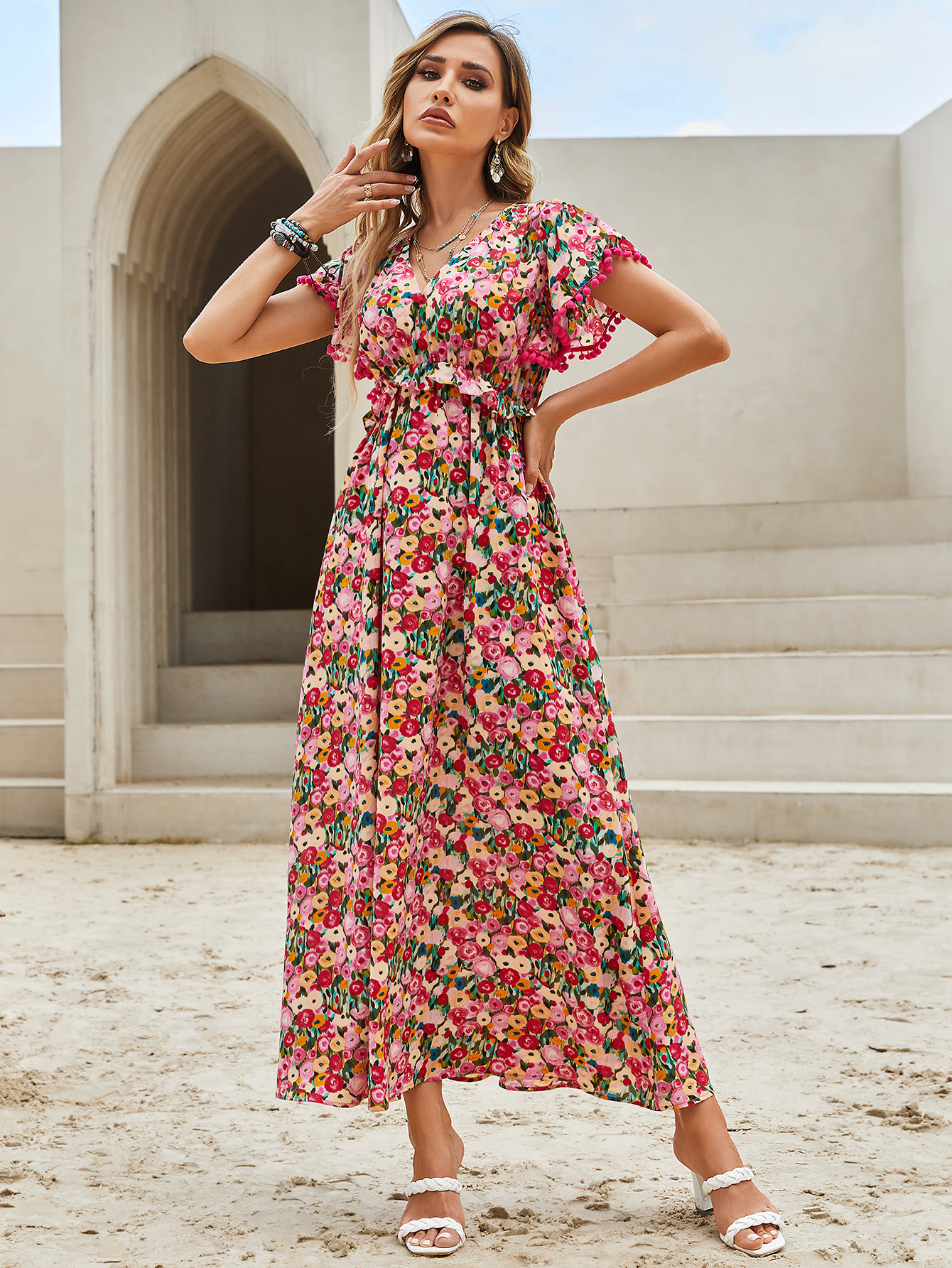 Women’s Boho Floral V-Neck Empire Waist Maxi Dress W-32834