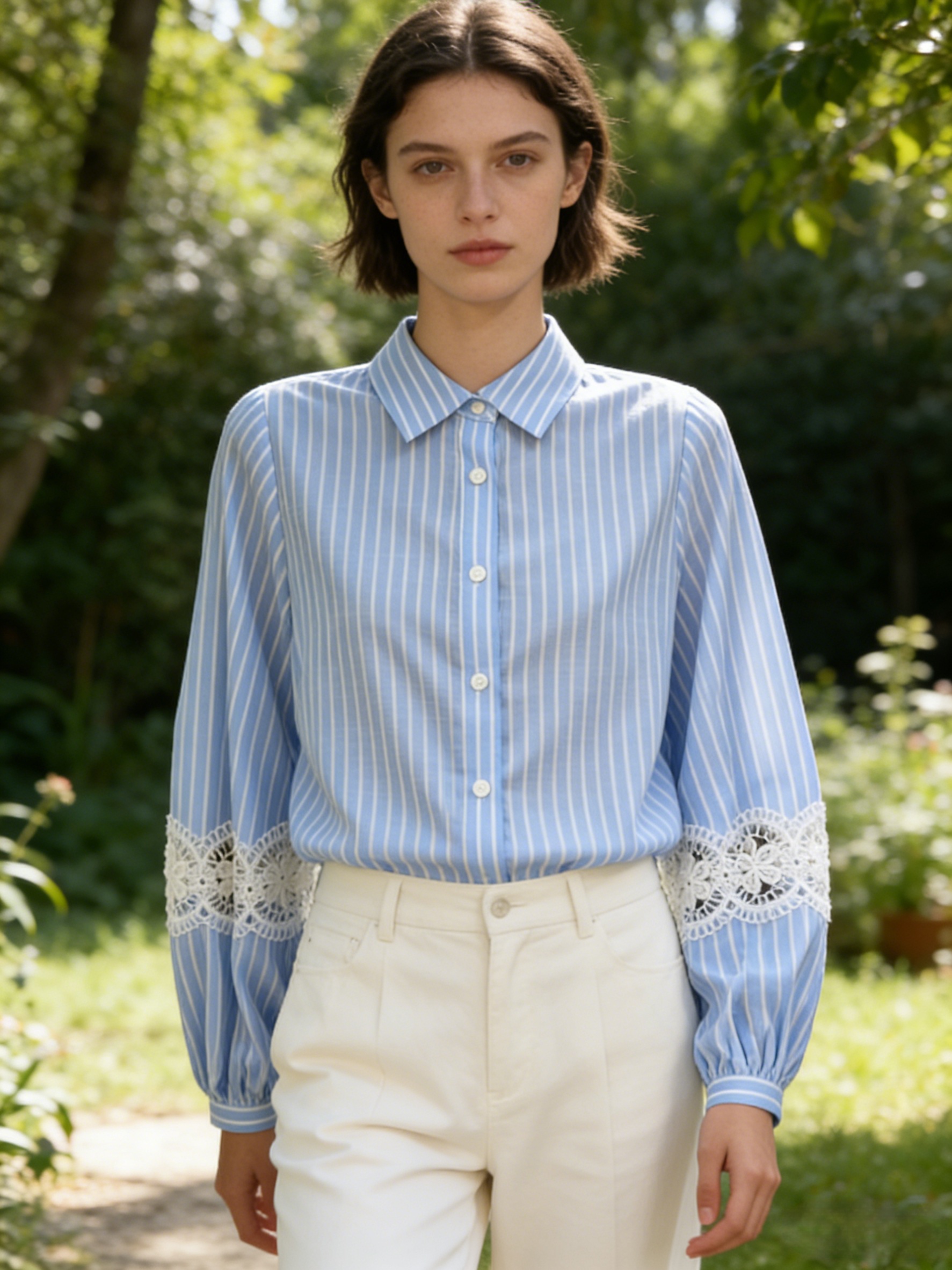 Women’s Striped Lace Sleeve Button Down Casual Blouse C-39756