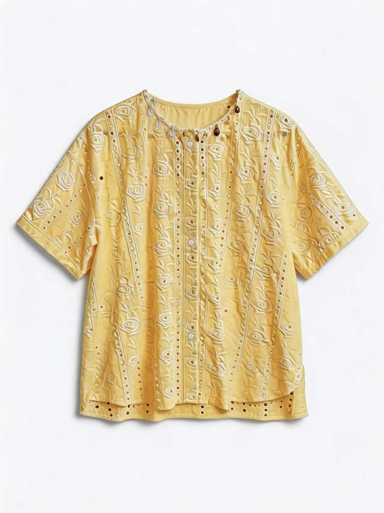 Minimalist Embroidered Eyelet Blouse with Beaded Trim AN-750013
