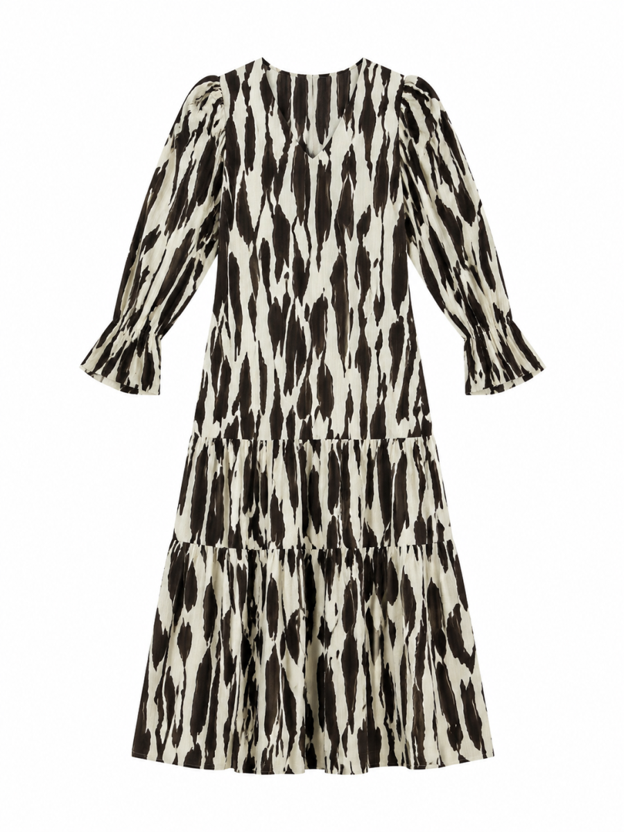 Elegant Brown Abstract‑Print Flowy Maxi‑Gown W-43443