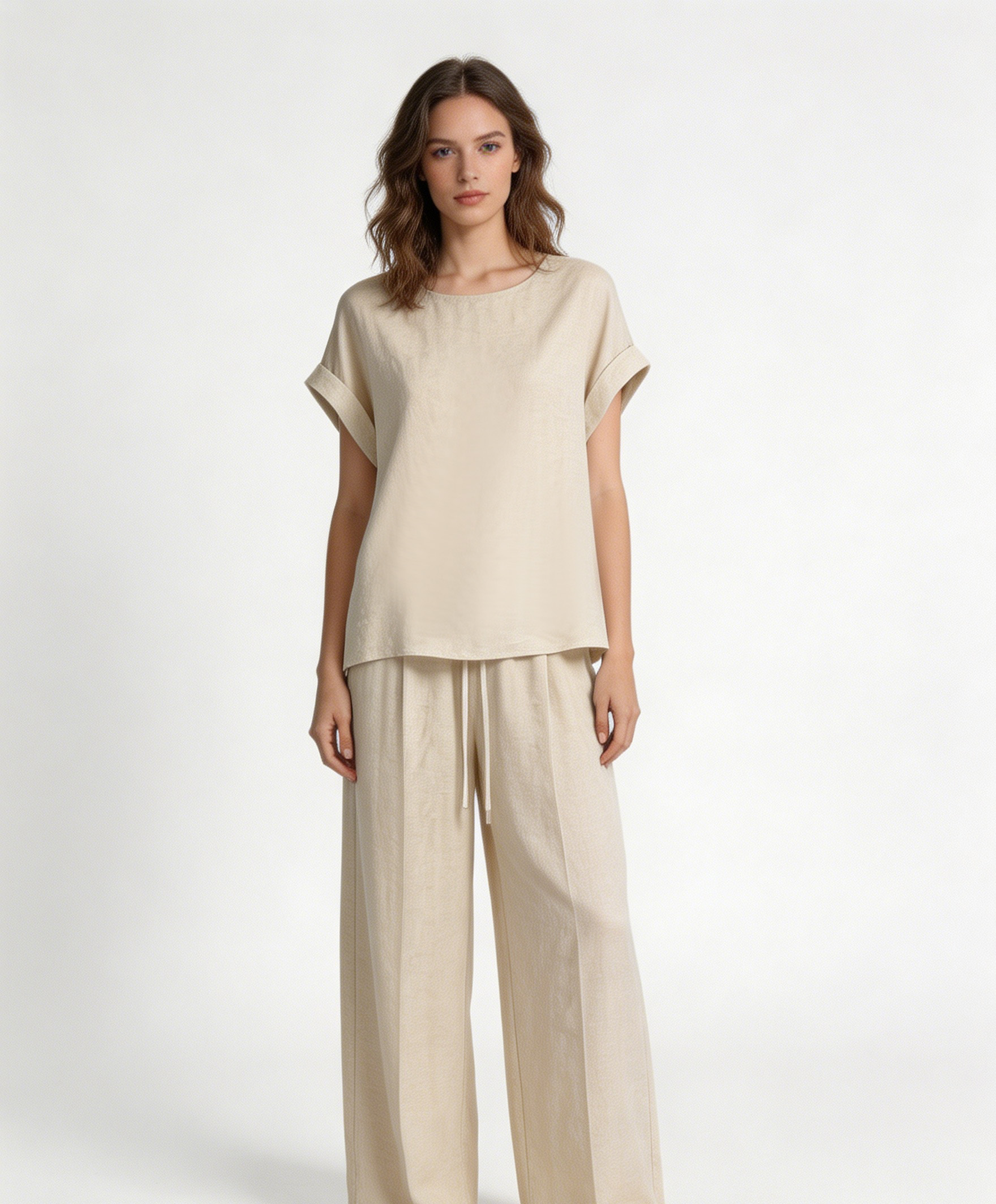 Women’s Linen Lounge Set – Relaxed Fit Top & Drawstring Pants Co-ord C-42767+C-42752