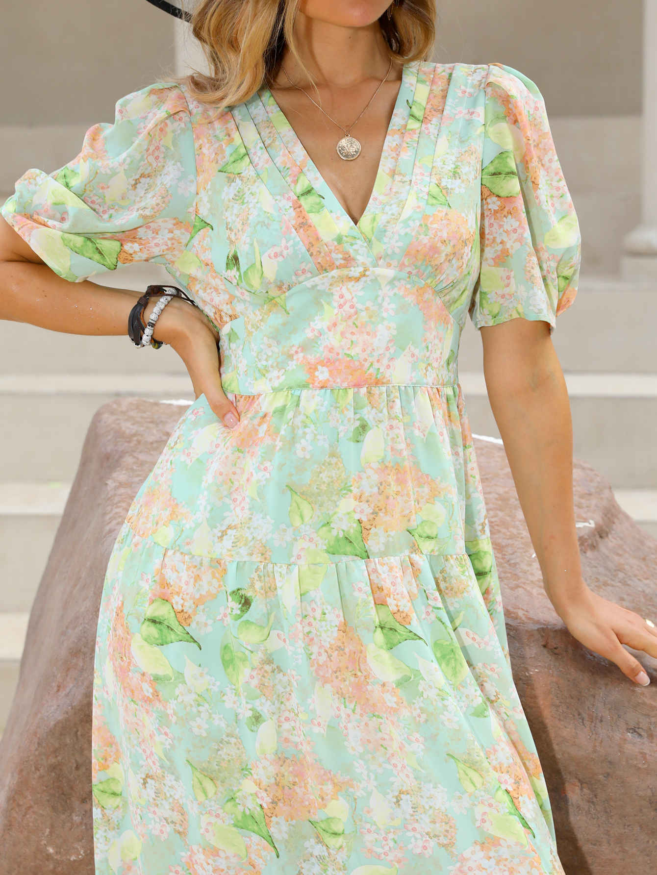 Women’s Pastel Floral V-Neck Tiered Boho Maxi Dress W-32835
