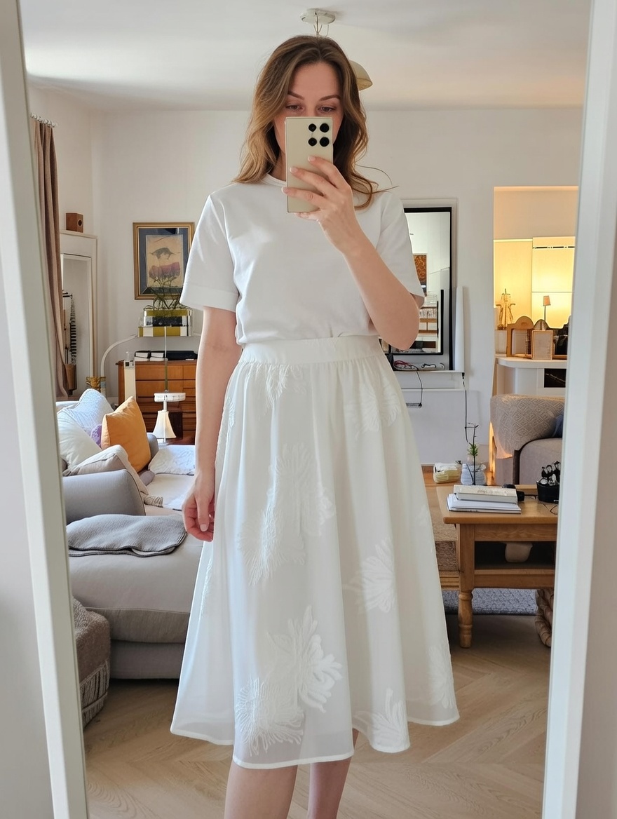 English: Summer Fairycore Style A-Line Mesh Skirt - White Feather Embroidered Tulle Skirt C-42444