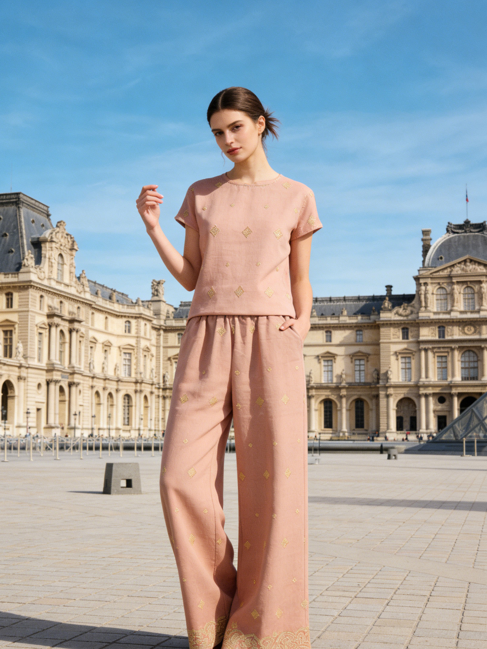 Chic  Gold Embroidered Trousers - High Waist Boho Wide Leg Pants  AN-710002