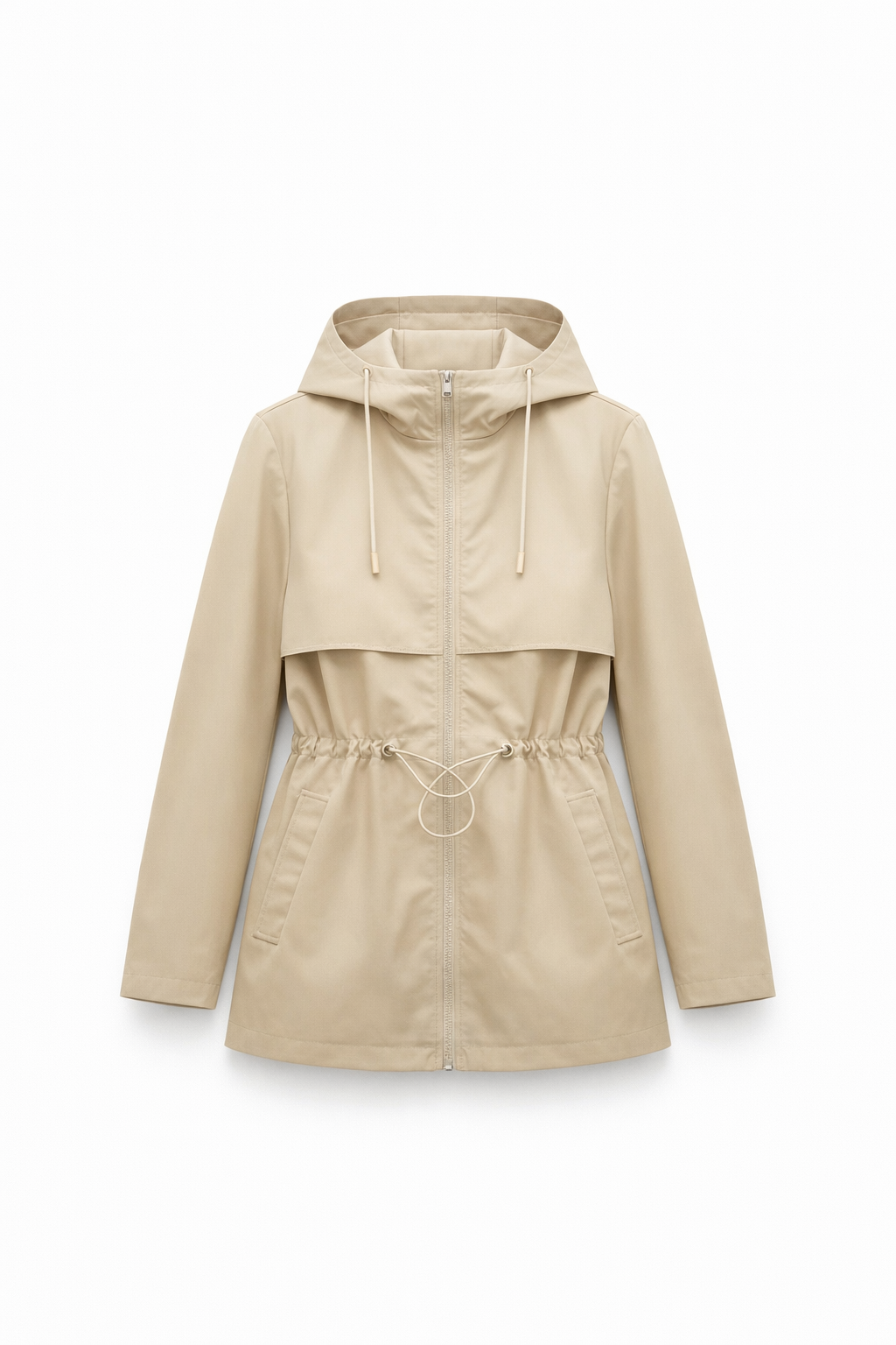 Beige Drawstring Waist Hooded Trench Coat WC-016