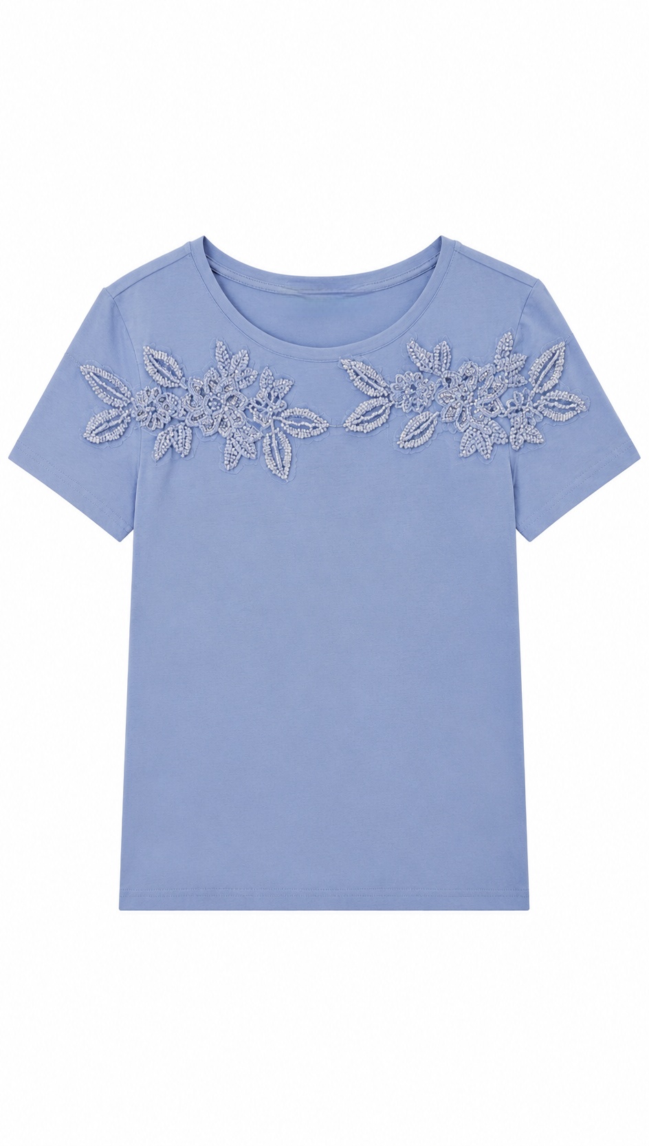 Women’s Pearl Beaded Floral Applique Short Sleeve T‑Shirt AN-750002