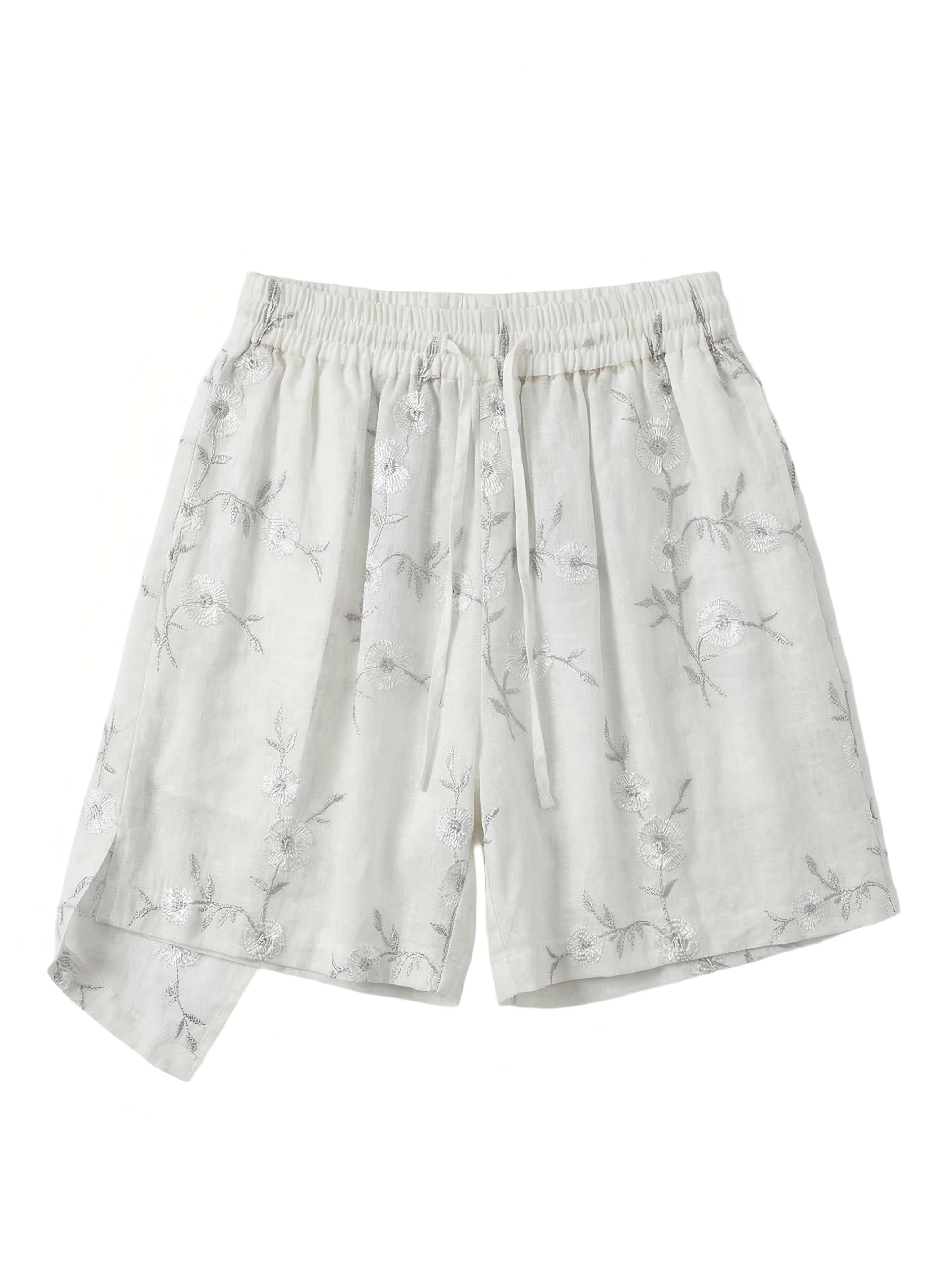 Oriental Style White Linen Shorts - Silver Floral Embroidery Side Split Casual Shorts  W-41345