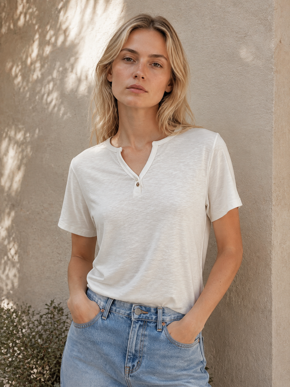 Women's V-Neck Henley T-Shirt 6611