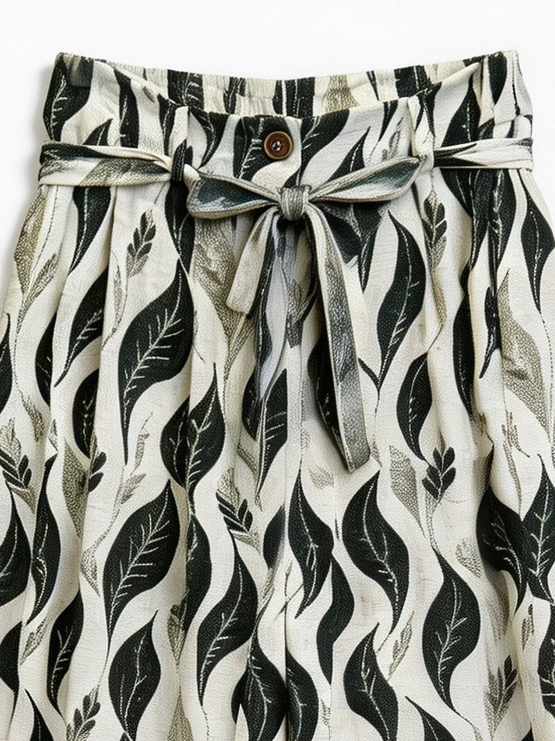 Minimalist High-Waisted Leaf Print Pants with Self-Tie Belt AN-750012