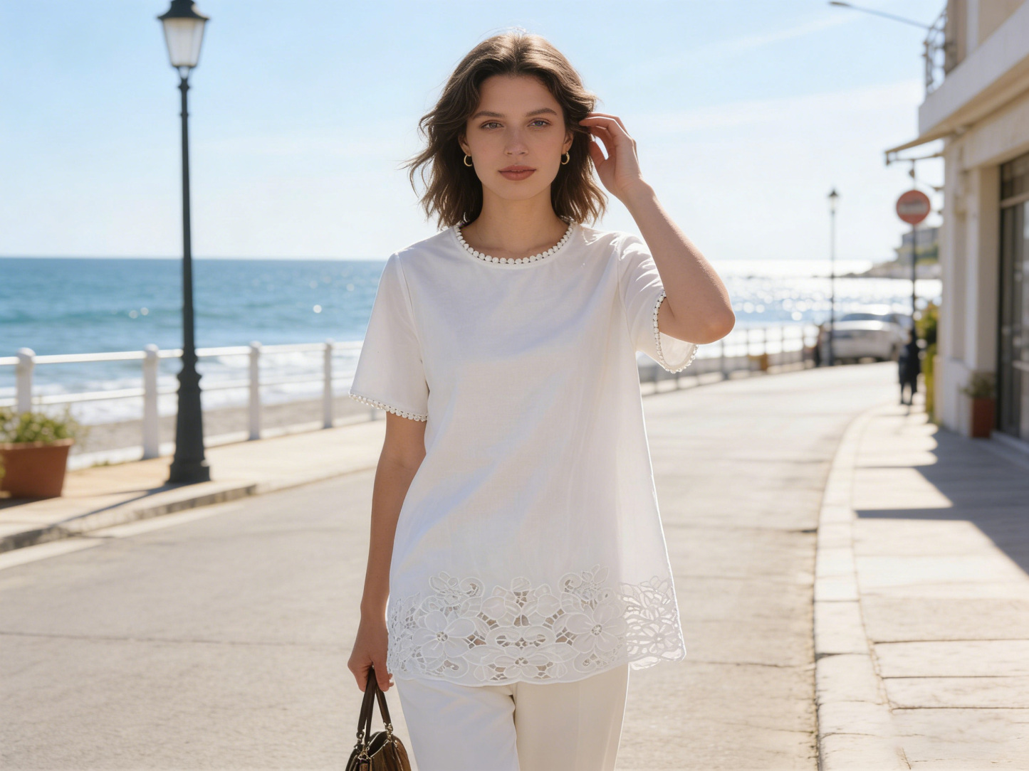 Women's Floral Cut-out Embroidered White Summer Top  A-42601