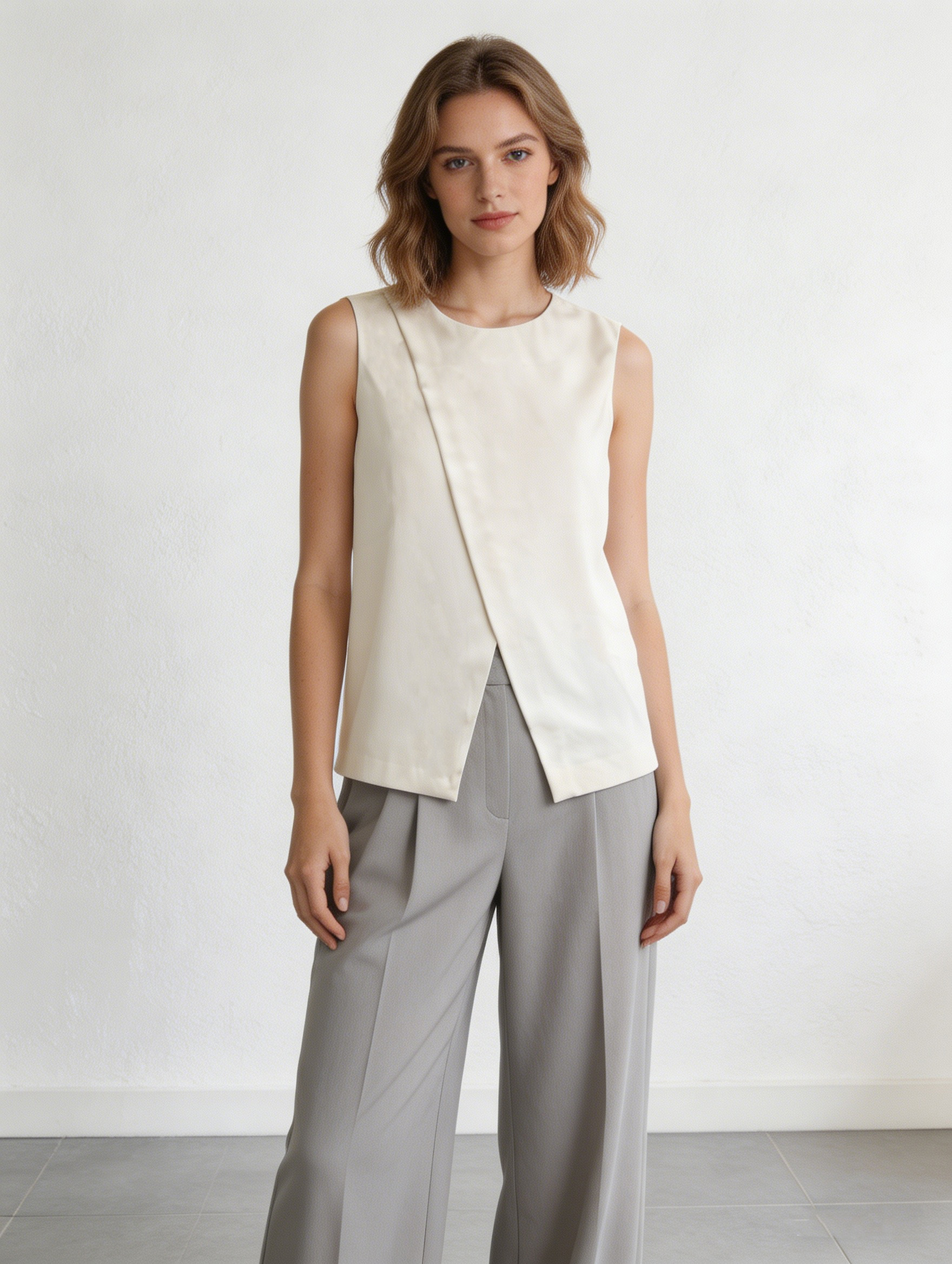 Women's Beige Overlap Sleeveless Blouse - Office Casual Top  S-2529