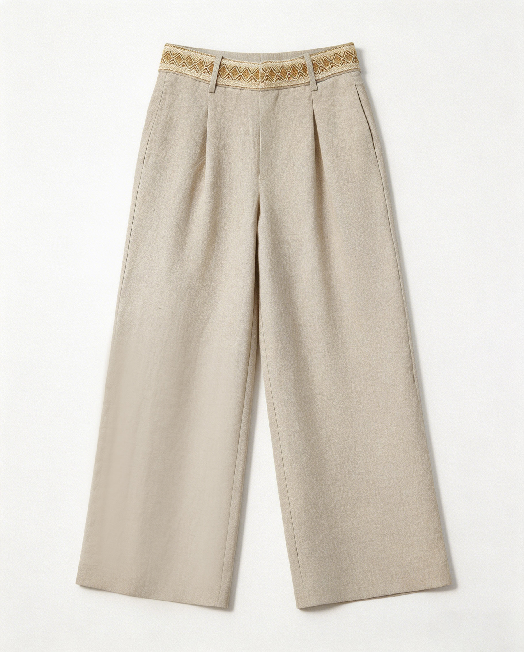 Boho Linen Wide-Leg Pants: Women's High-Waist Trousers with Embroidered Waistband C-41778