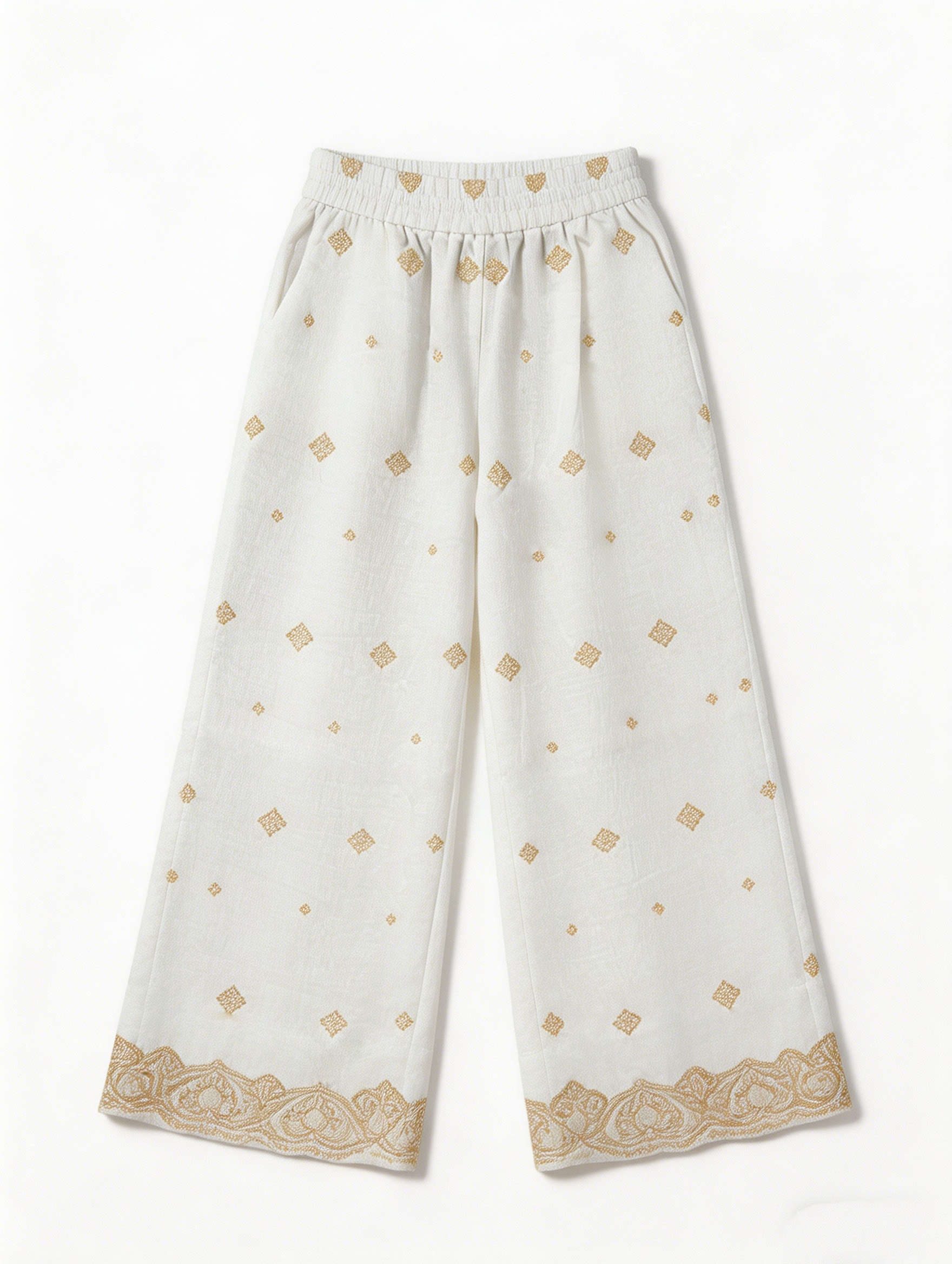 Chic  Gold Embroidered Trousers - High Waist Boho Wide Leg Pants  AN-710002