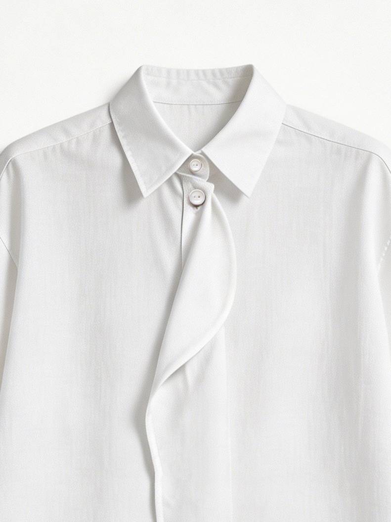 Elegant White Draped Front Shirt - Oversized Collar Office Blouse  AN-710011