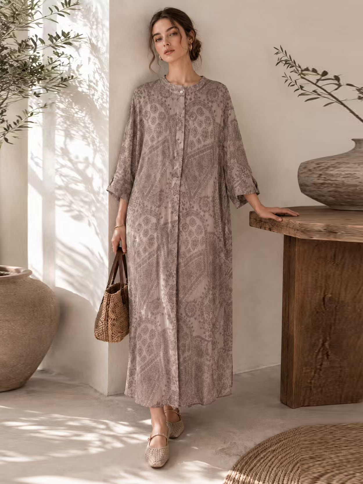 Minimalist Paisley Print Half-Button Tunic Dress AN-750010