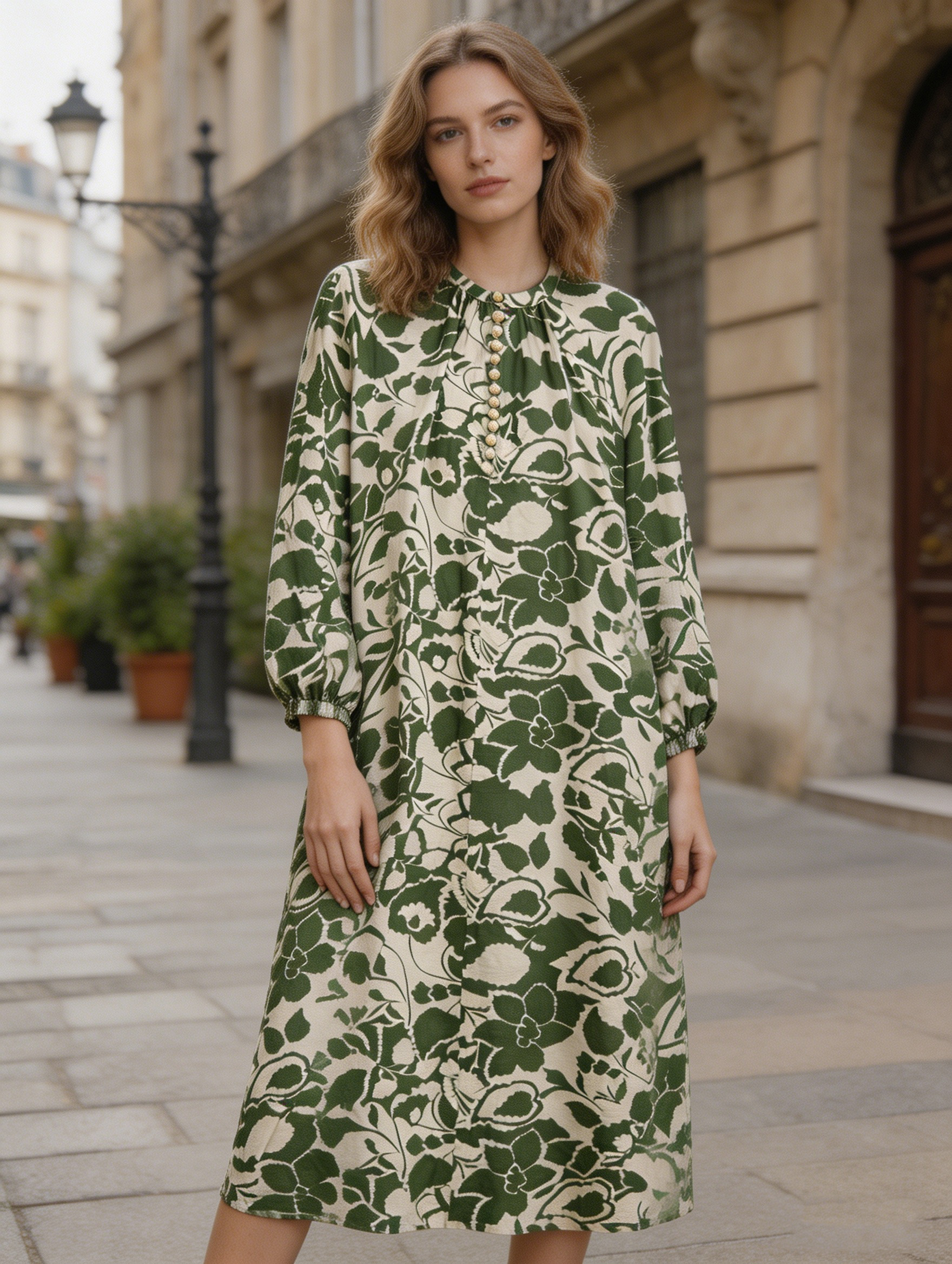 Boho Green Floral Print Dress - Long Sleeve Relaxed Fit Maxi Dress  C-40021