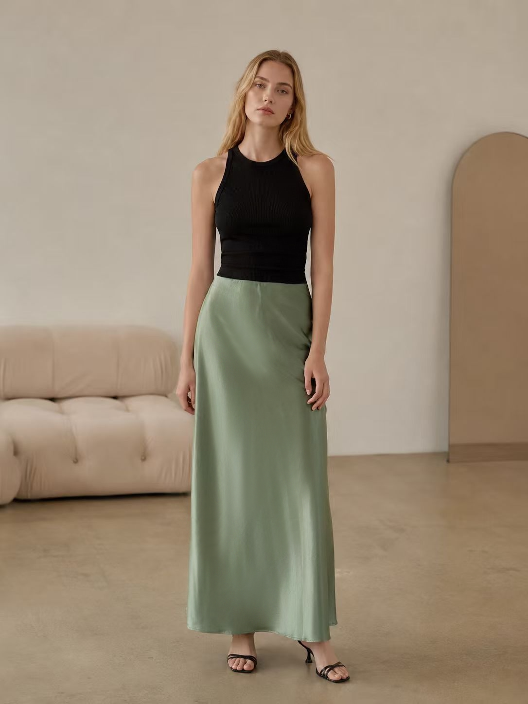 Women’s Satin High Waist Slip Midi Skirt LA-030409